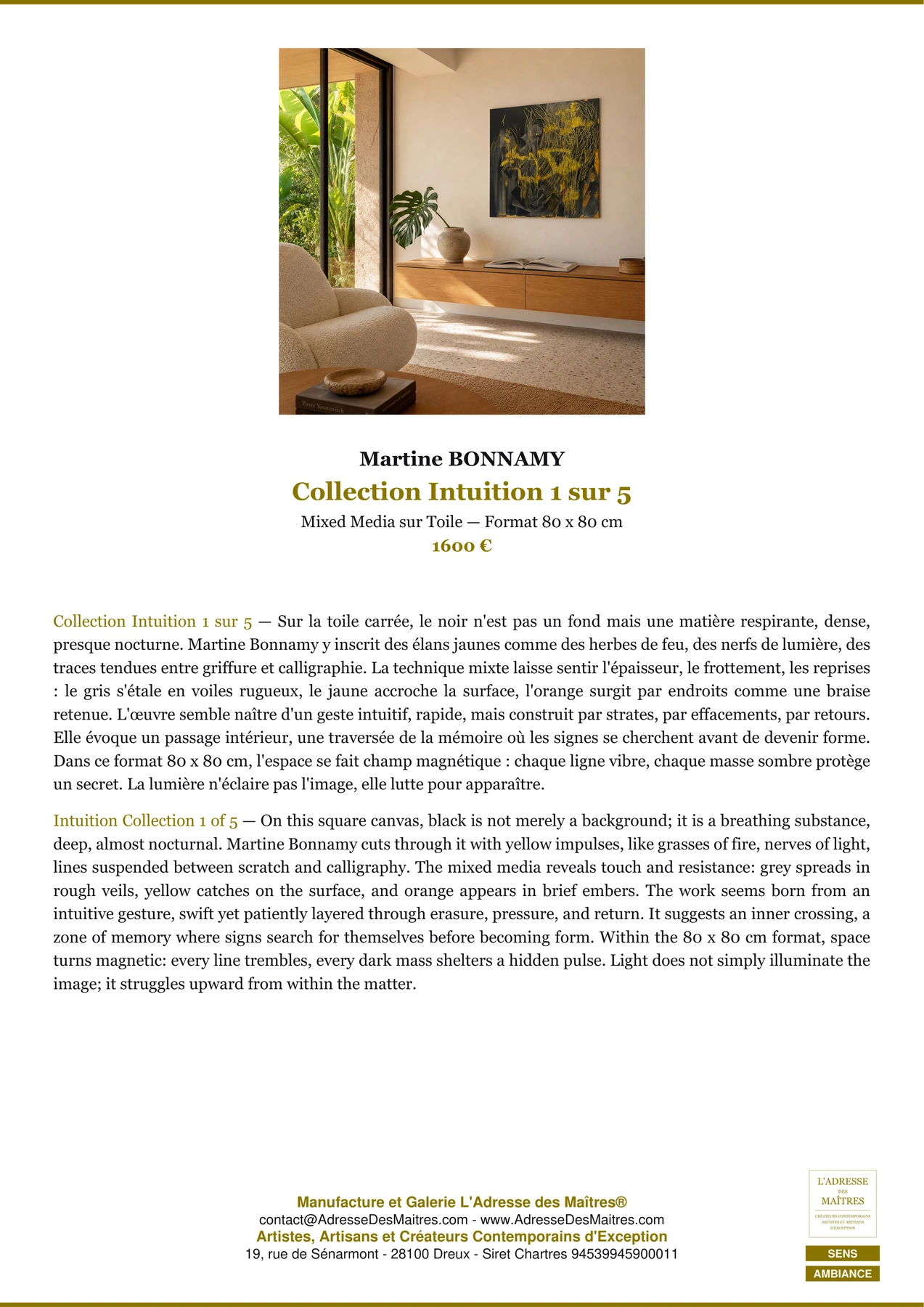 Fiche Premium Ambiance - Collection Intuition 1 sur 5 - Martine BONNAMY - L'Adresse des Maîtres®