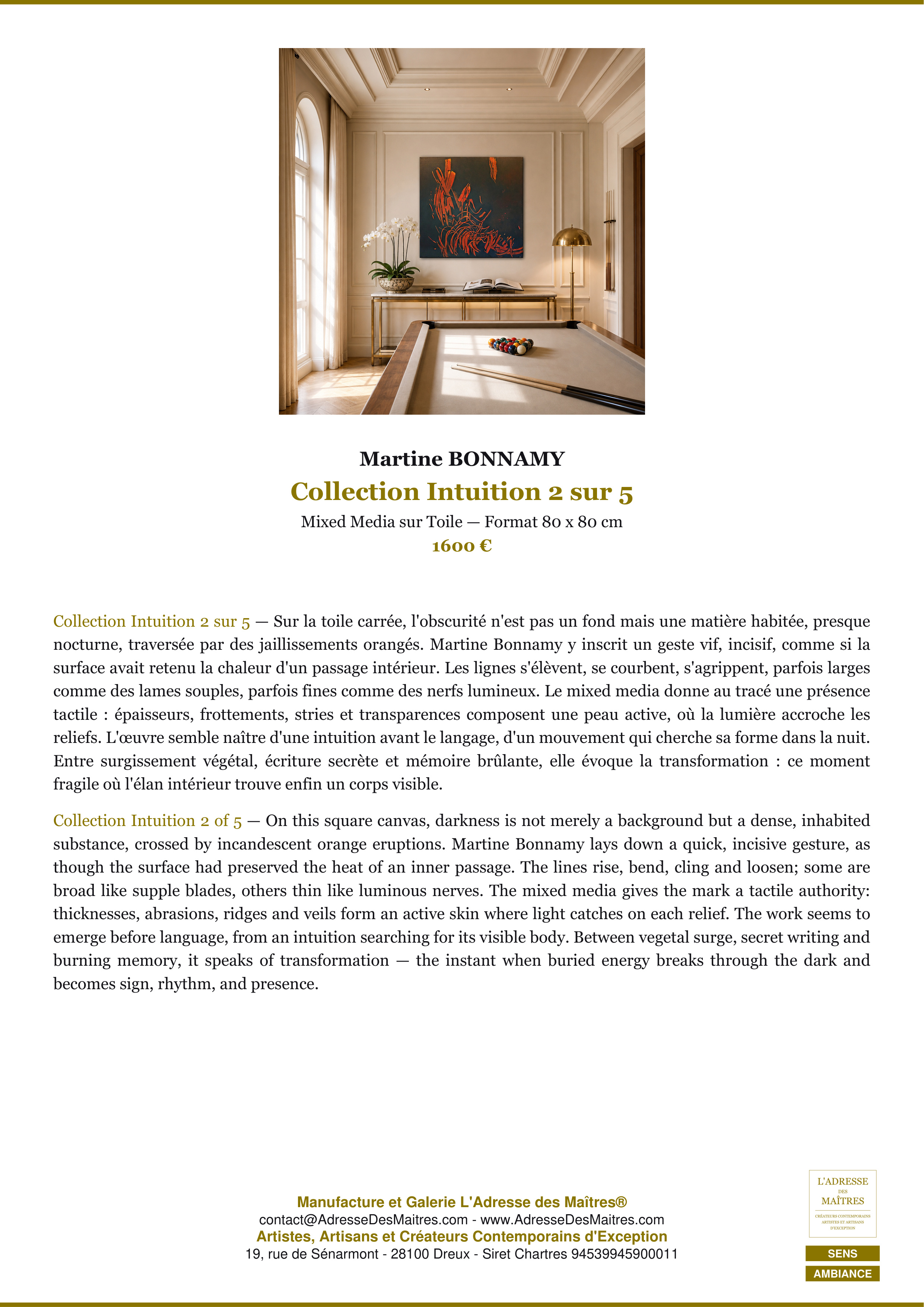 Fiche Premium Ambiance — Collection Intuition 2 sur 5 — Martine BONNAMY — L'Adresse des Maîtres®