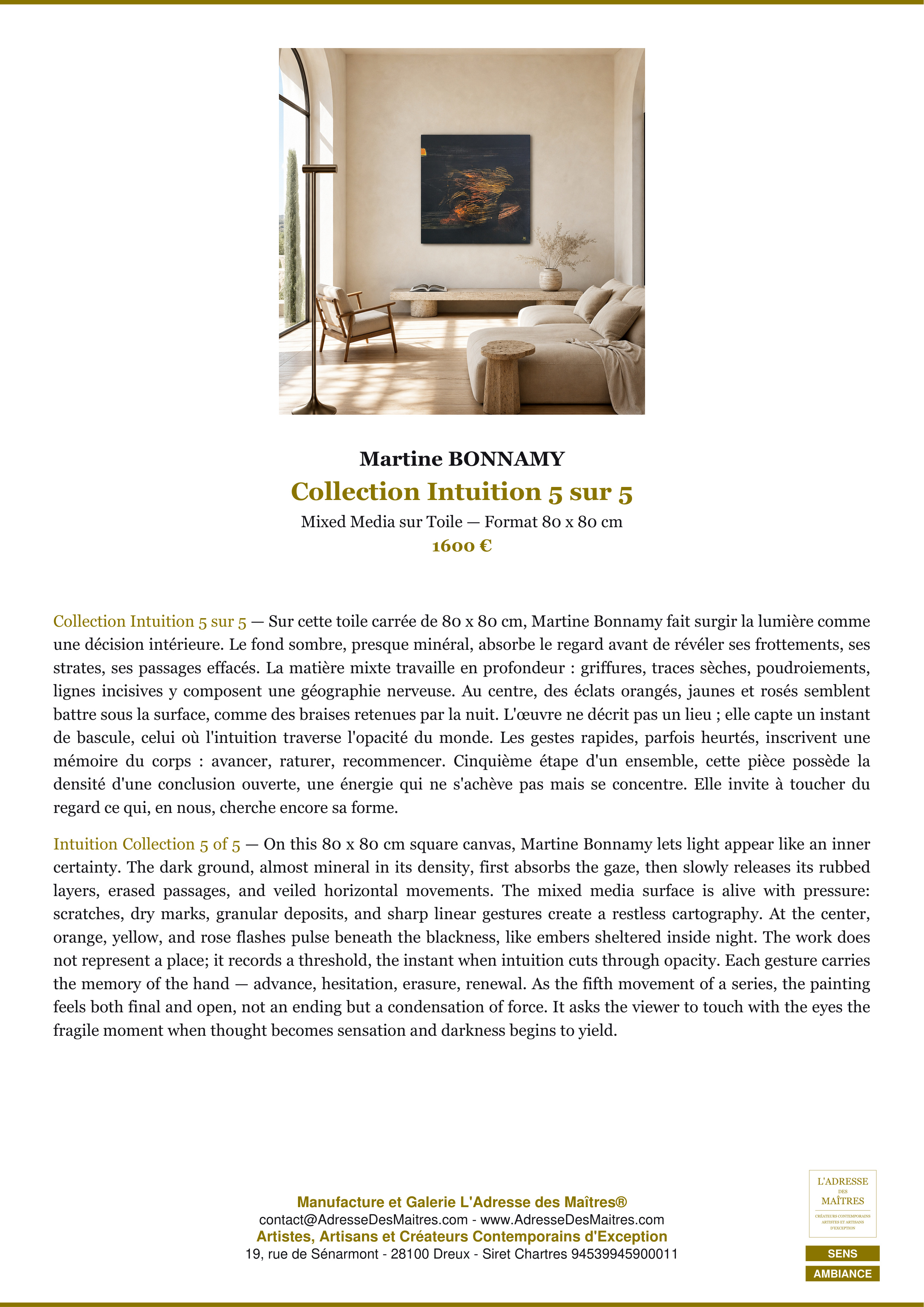 Fiche Premium Ambiance — Collection Intuition 5 sur 5 — Martine BONNAMY — L'Adresse des Maîtres®