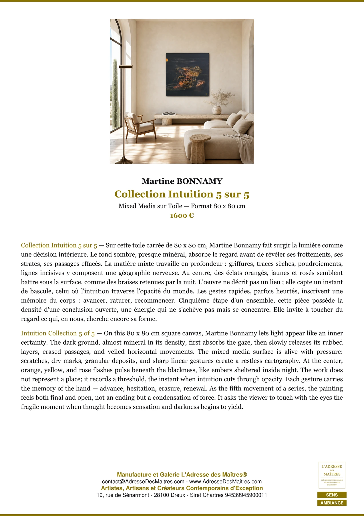 Fiche Premium Ambiance - Collection Intuition 5 sur 5 - Martine BONNAMY - L'Adresse des Maîtres®