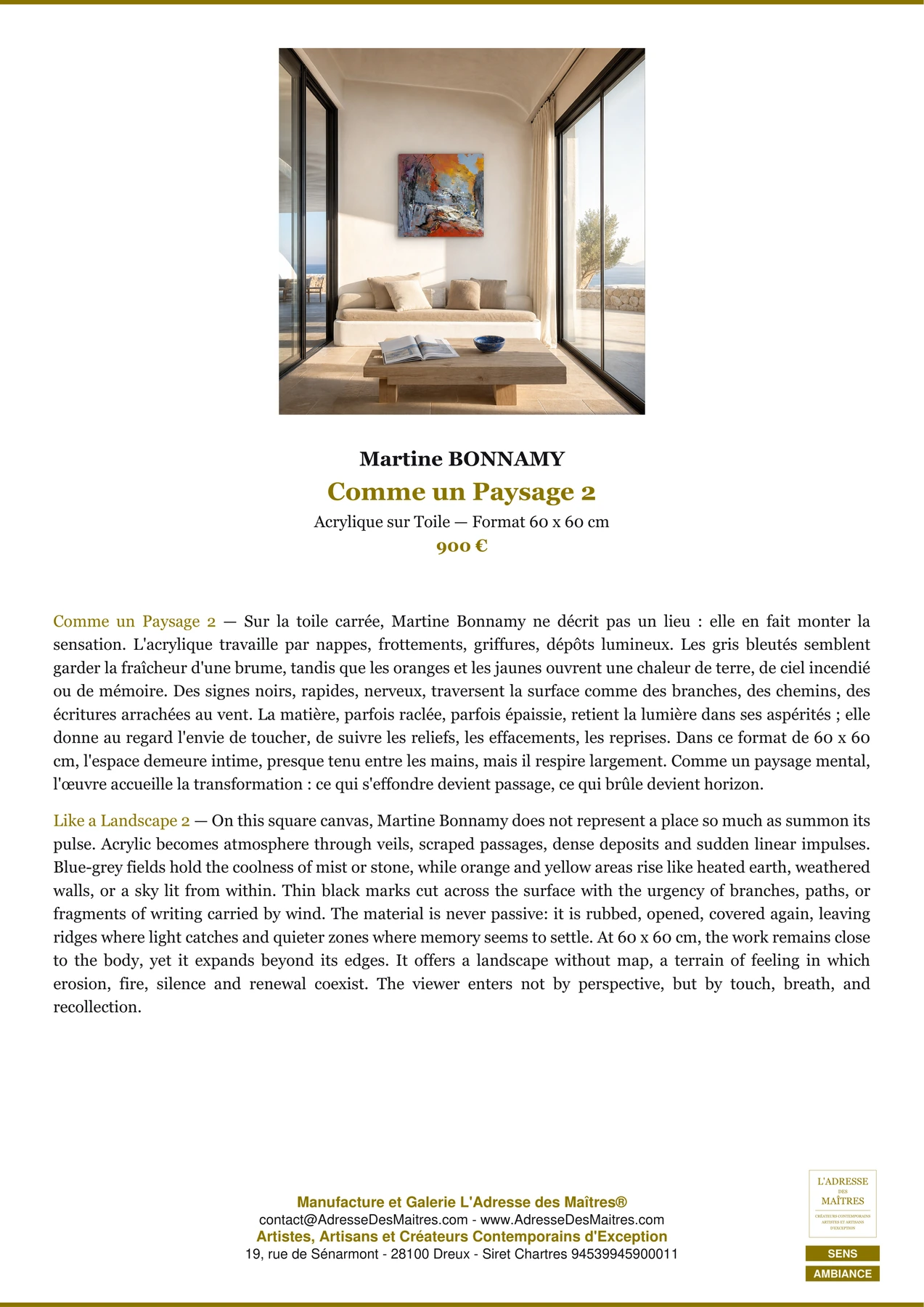 Fiche Premium Ambiance - Comme un Paysage 2 - Martine BONNAMY - L'Adresse des Maîtres®