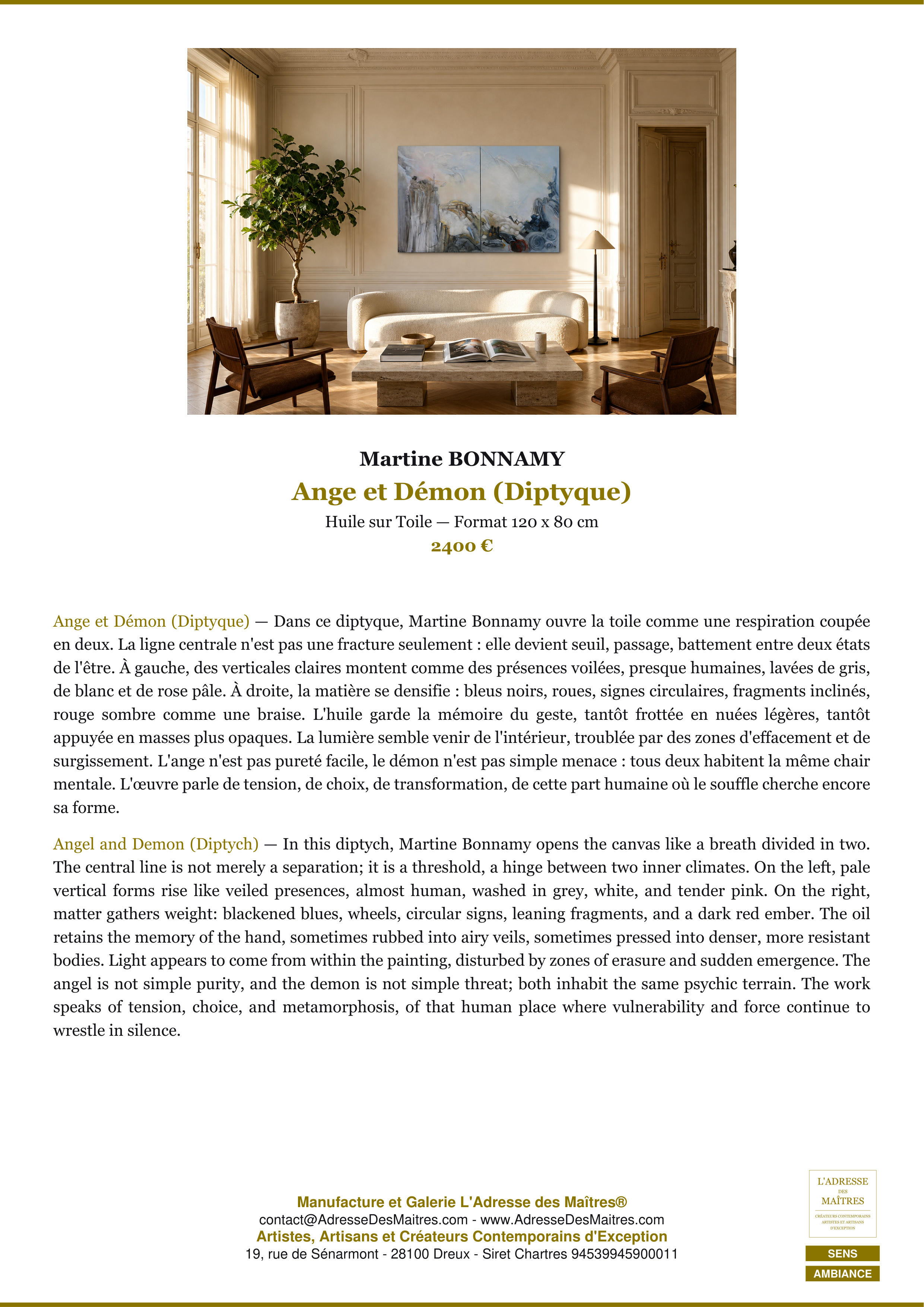 Fiche Premium Ambiance — Ange et Démon (Diptyque) — Martine BONNAMY — L'Adresse des Maîtres®