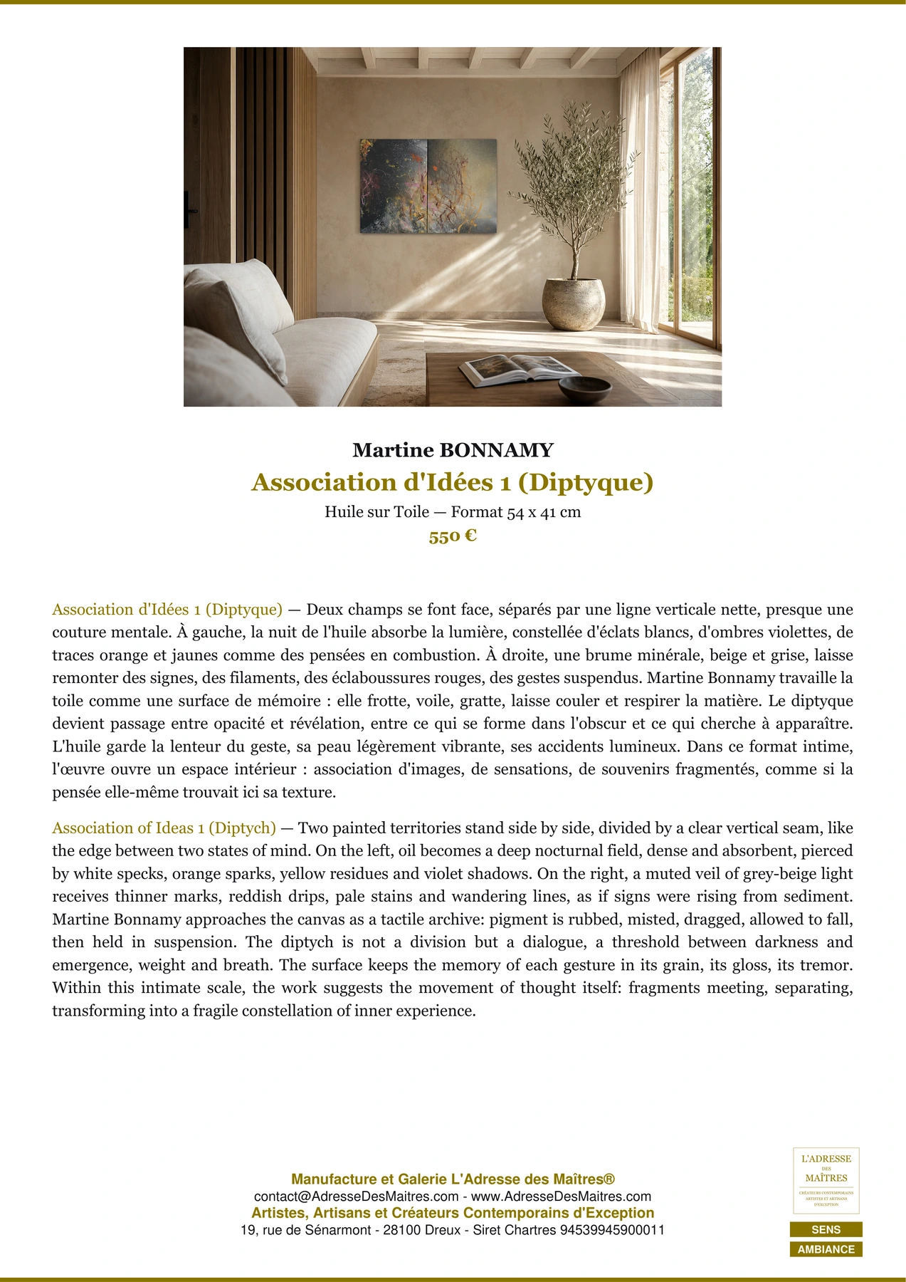 Fiche Premium Ambiance - Association d'Idées 1 (Diptyque) - Martine BONNAMY - L'Adresse des Maîtres®