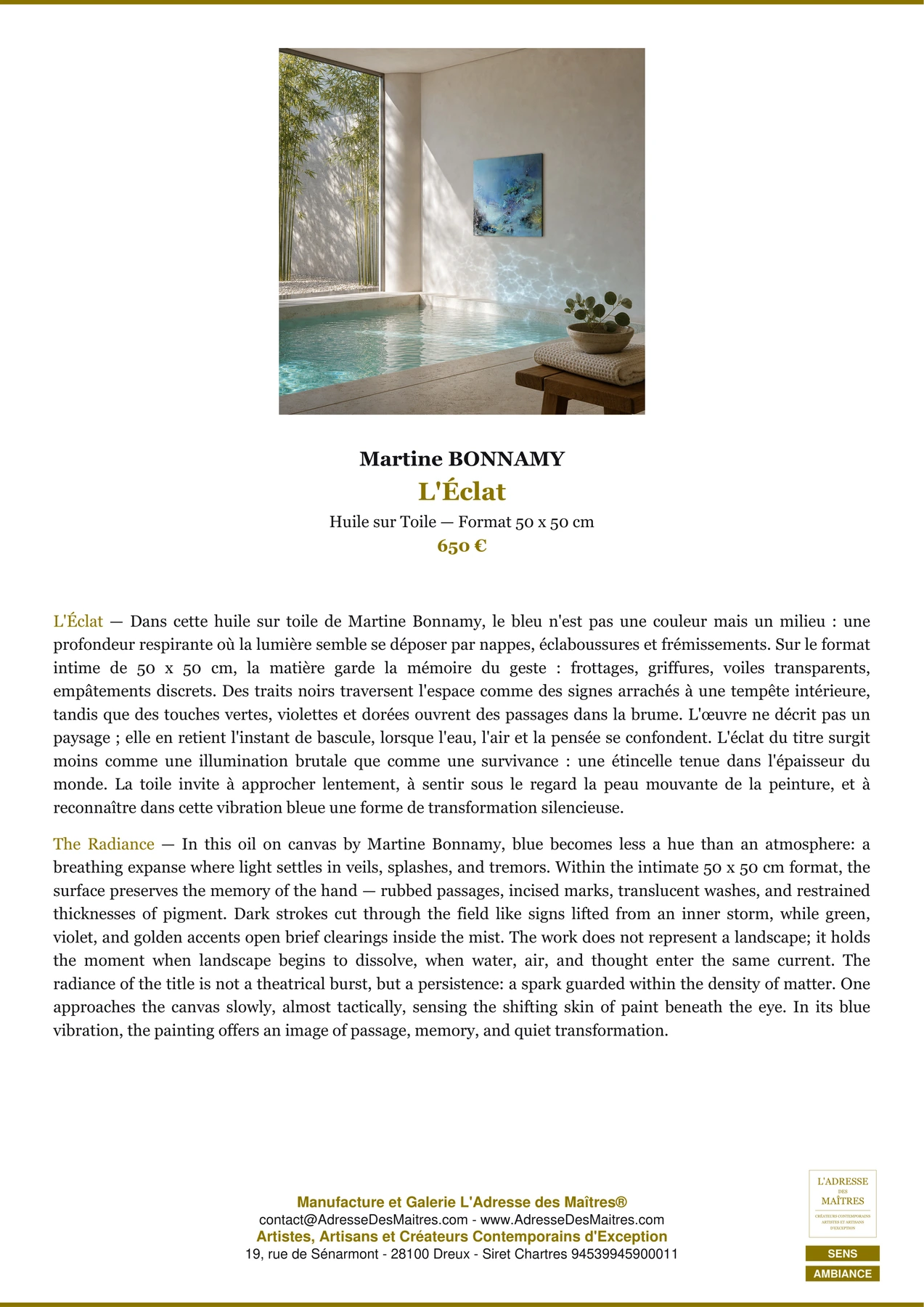 Fiche Premium Ambiance - L'Éclat - Martine BONNAMY - L'Adresse des Maîtres®