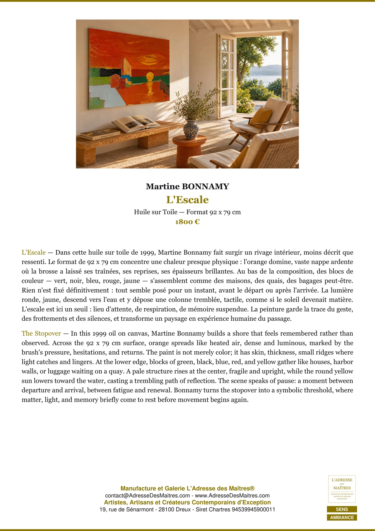 Fiche Premium Ambiance - L'Escale - Martine BONNAMY - L'Adresse des Maîtres®