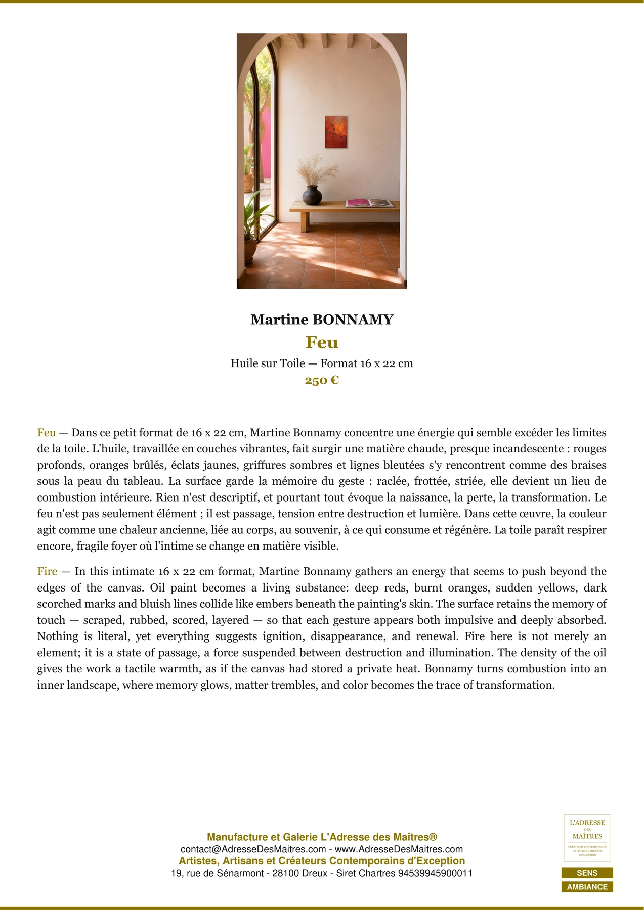 Fiche Premium Ambiance - Feu - Martine BONNAMY - L'Adresse des Maîtres®