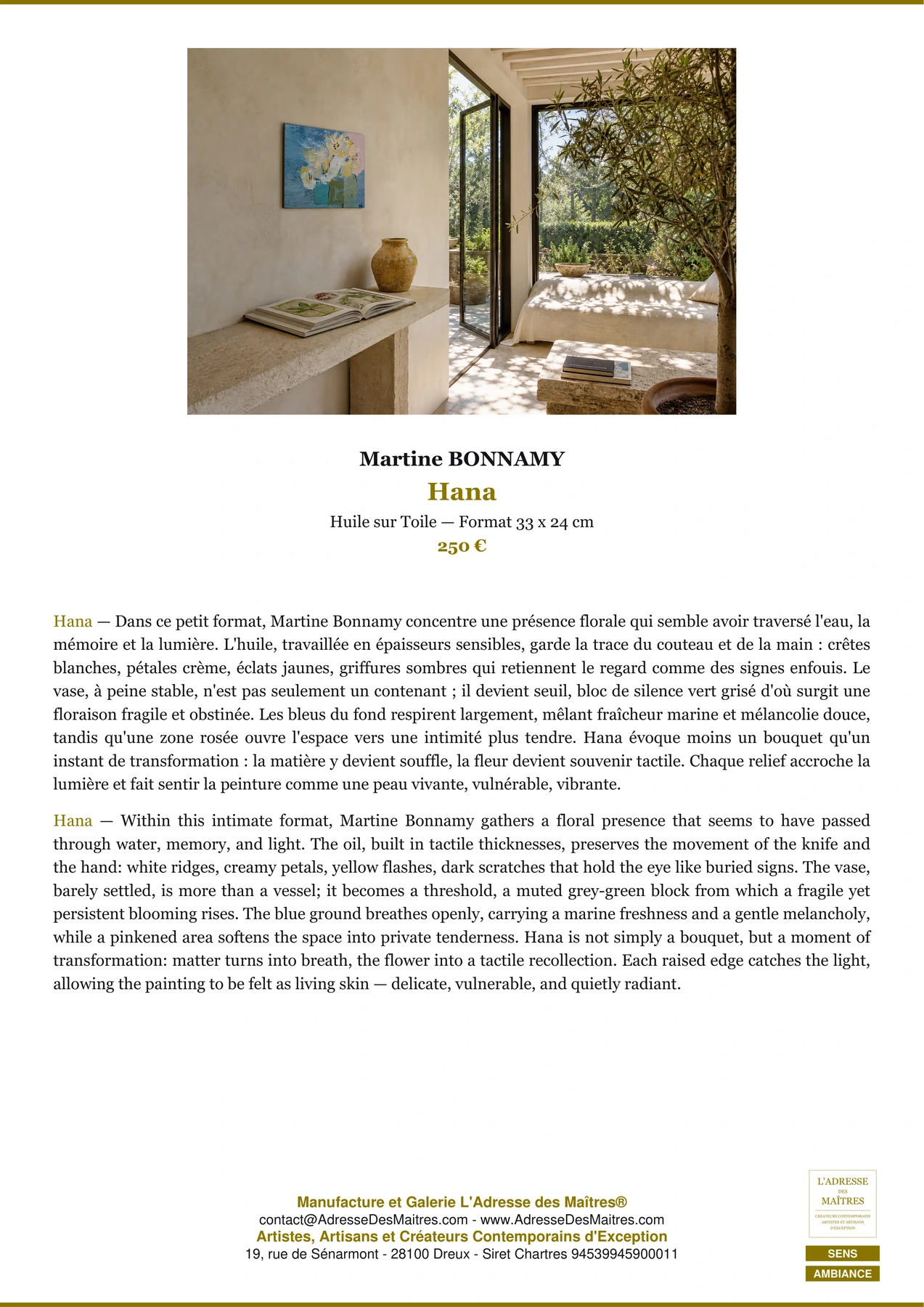 Fiche Premium Ambiance - Hana - Martine BONNAMY - L'Adresse des Maîtres®