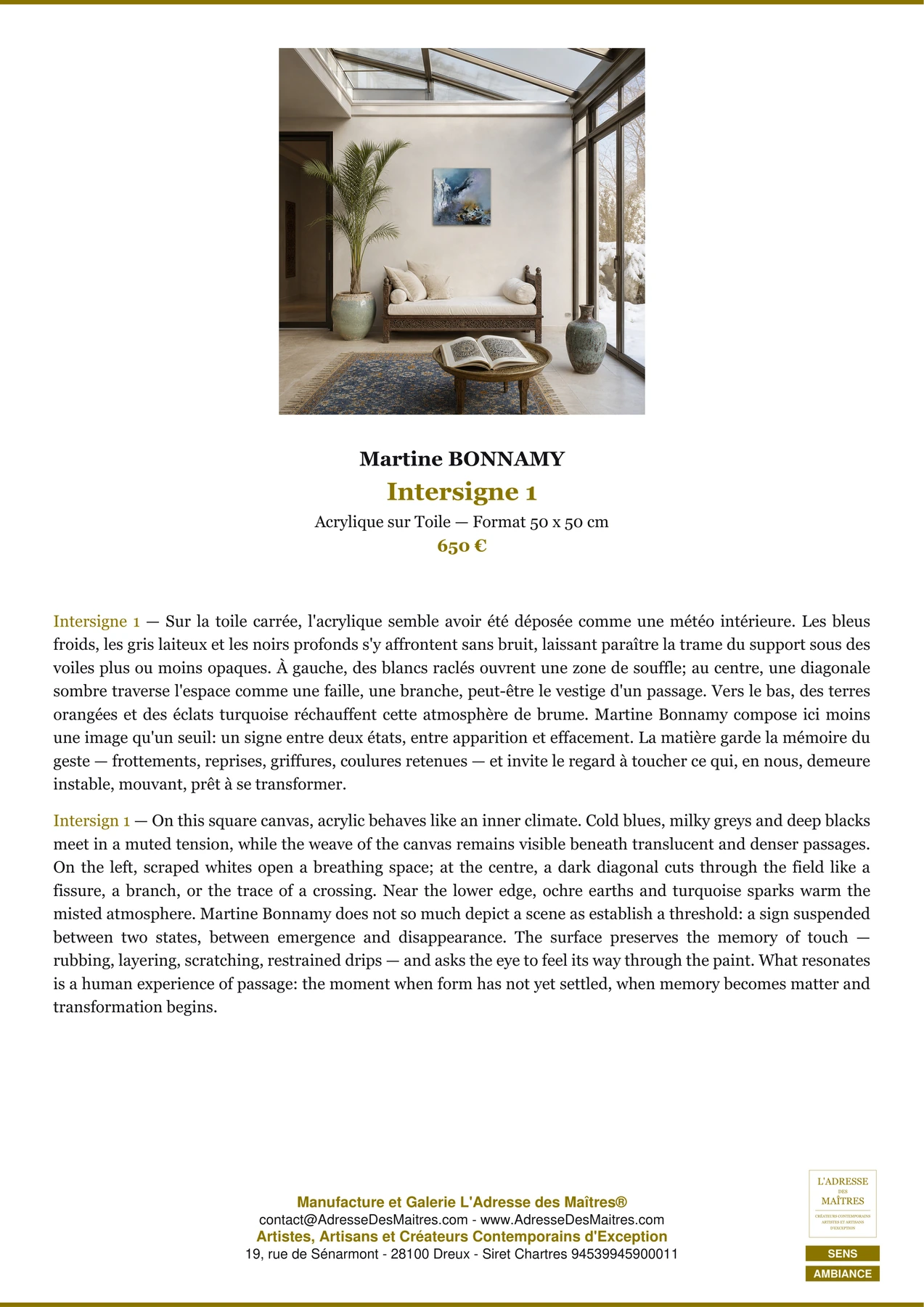 Fiche Premium Ambiance - Intersigne 1 - Martine BONNAMY - L'Adresse des Maîtres®