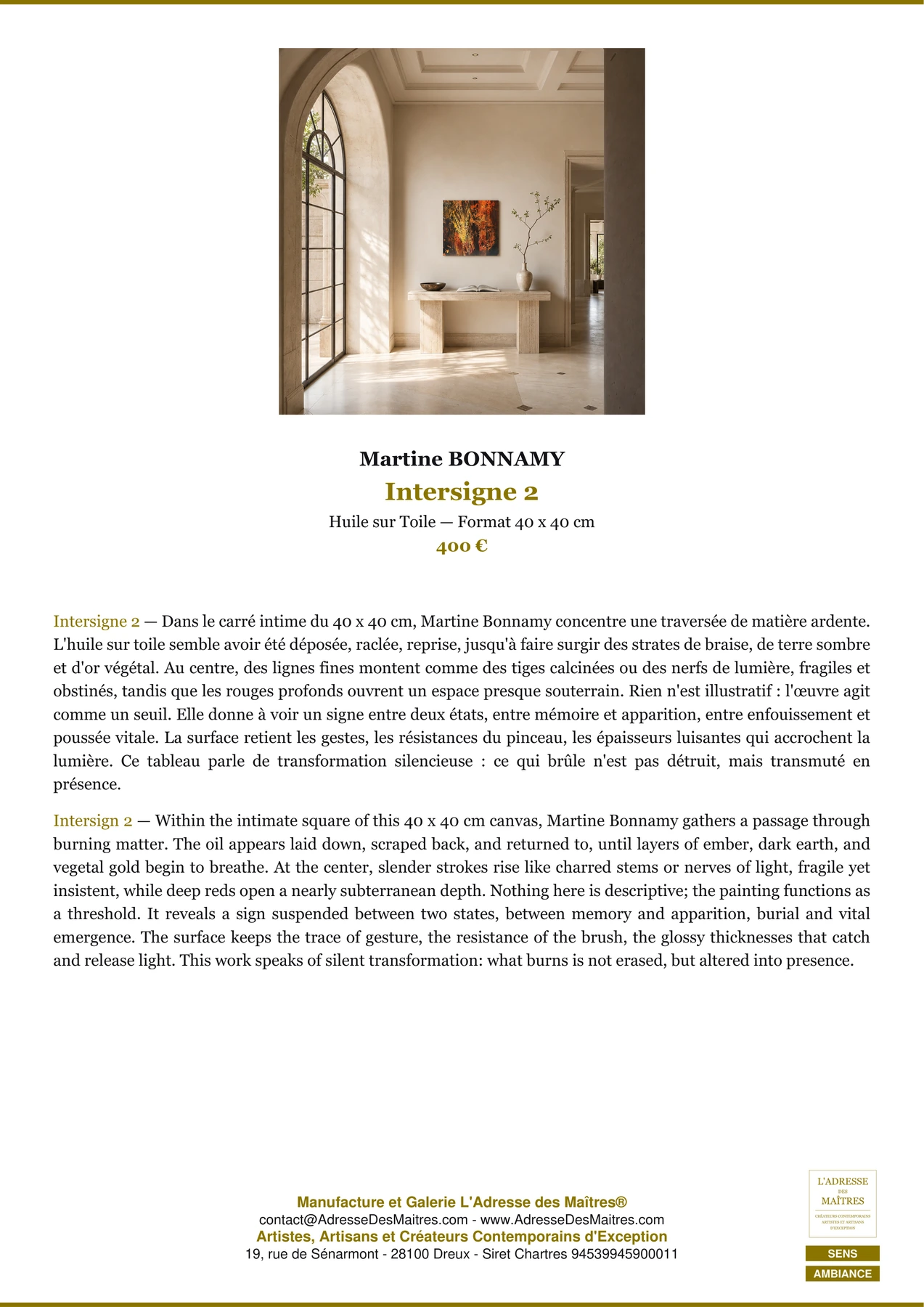 Fiche Premium Ambiance - Intersigne 2 - Martine BONNAMY - L'Adresse des Maîtres®