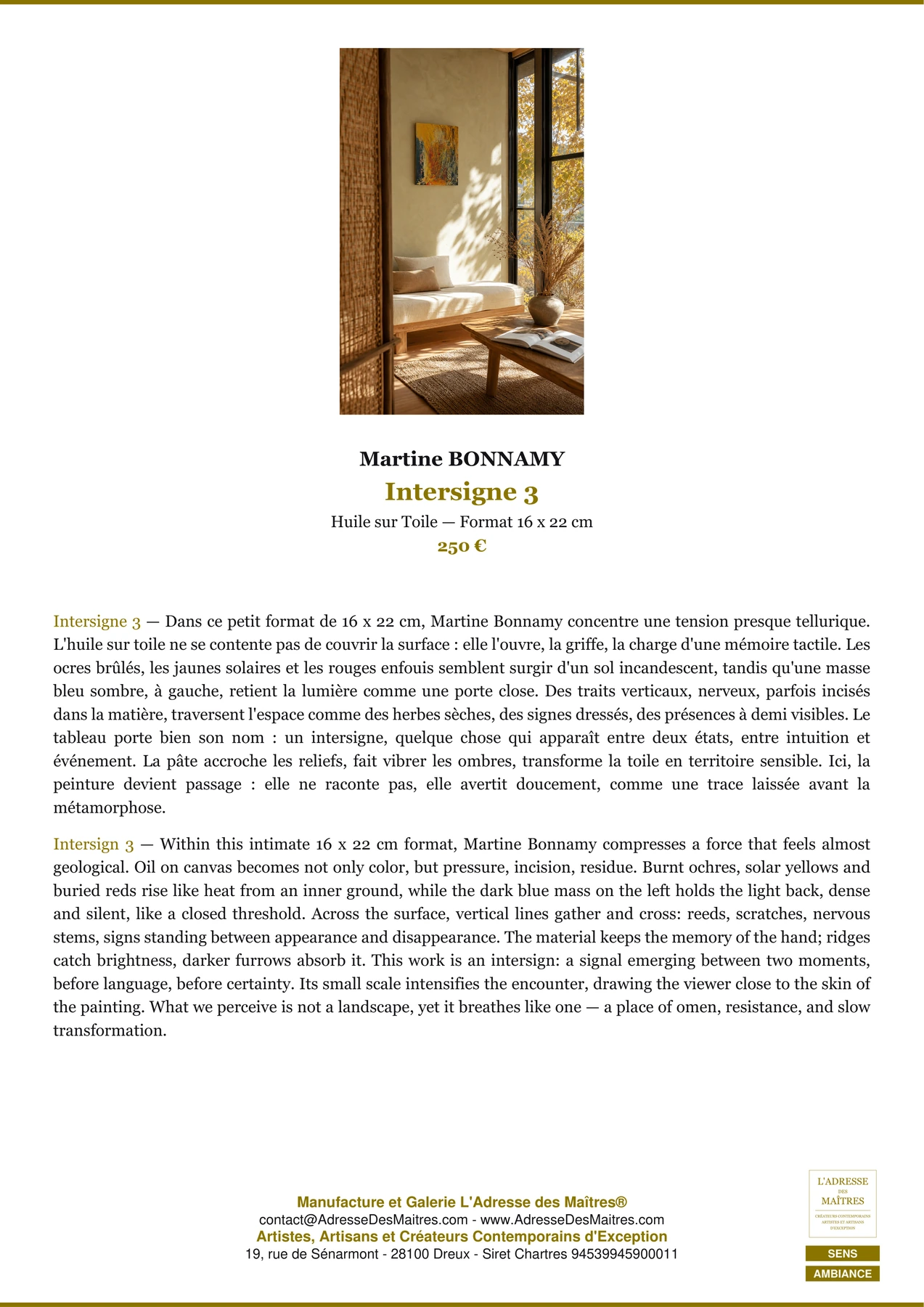 Fiche Premium Ambiance - Intersigne 3 - Martine BONNAMY - L'Adresse des Maîtres®