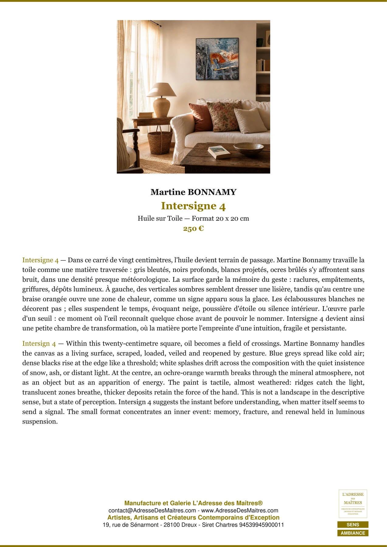 Fiche Premium Ambiance - Intersigne 4 - Martine BONNAMY - L'Adresse des Maîtres®