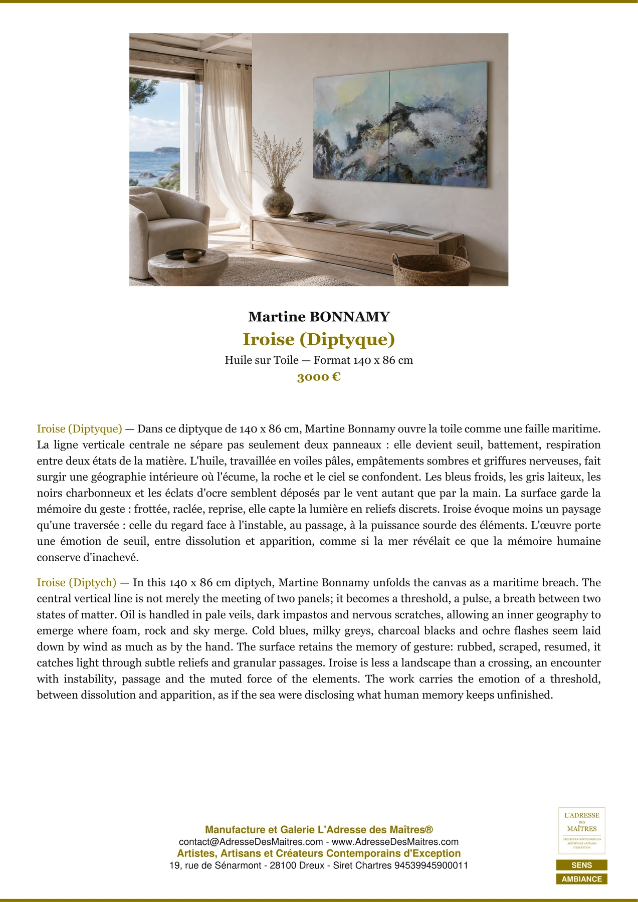 Fiche Premium Ambiance - Iroise (Diptyque) - Martine BONNAMY - L'Adresse des Maîtres®