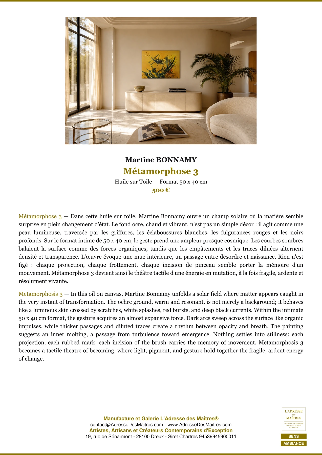 Fiche Premium Ambiance - Métamorphose 3 - Martine BONNAMY - L'Adresse des Maîtres®