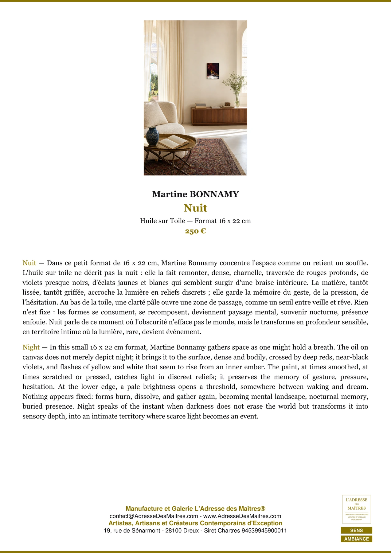 Fiche Premium Ambiance - Nuit - Martine BONNAMY - L'Adresse des Maîtres®