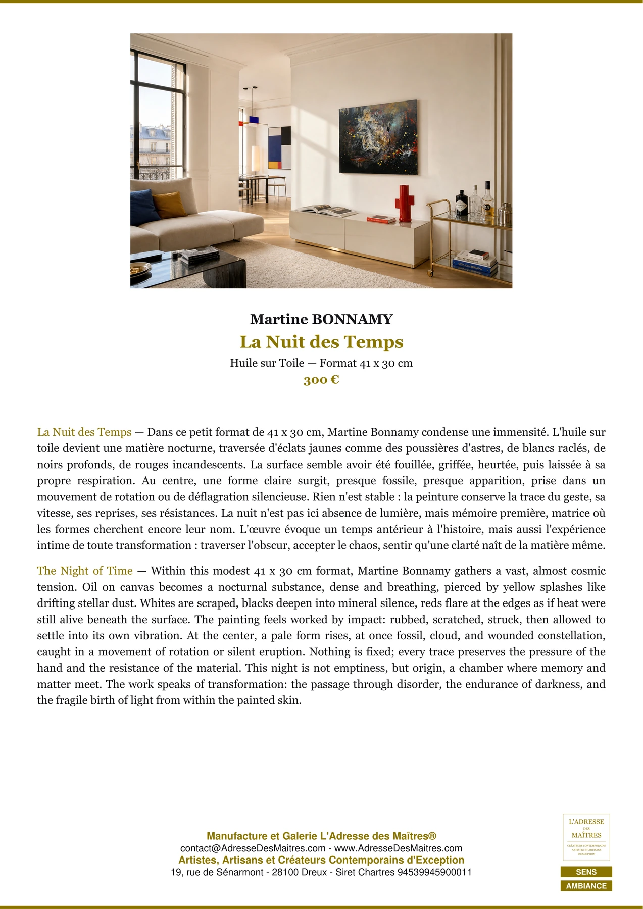Fiche Premium Ambiance - La Nuit des Temps - Martine BONNAMY - L'Adresse des Maîtres®