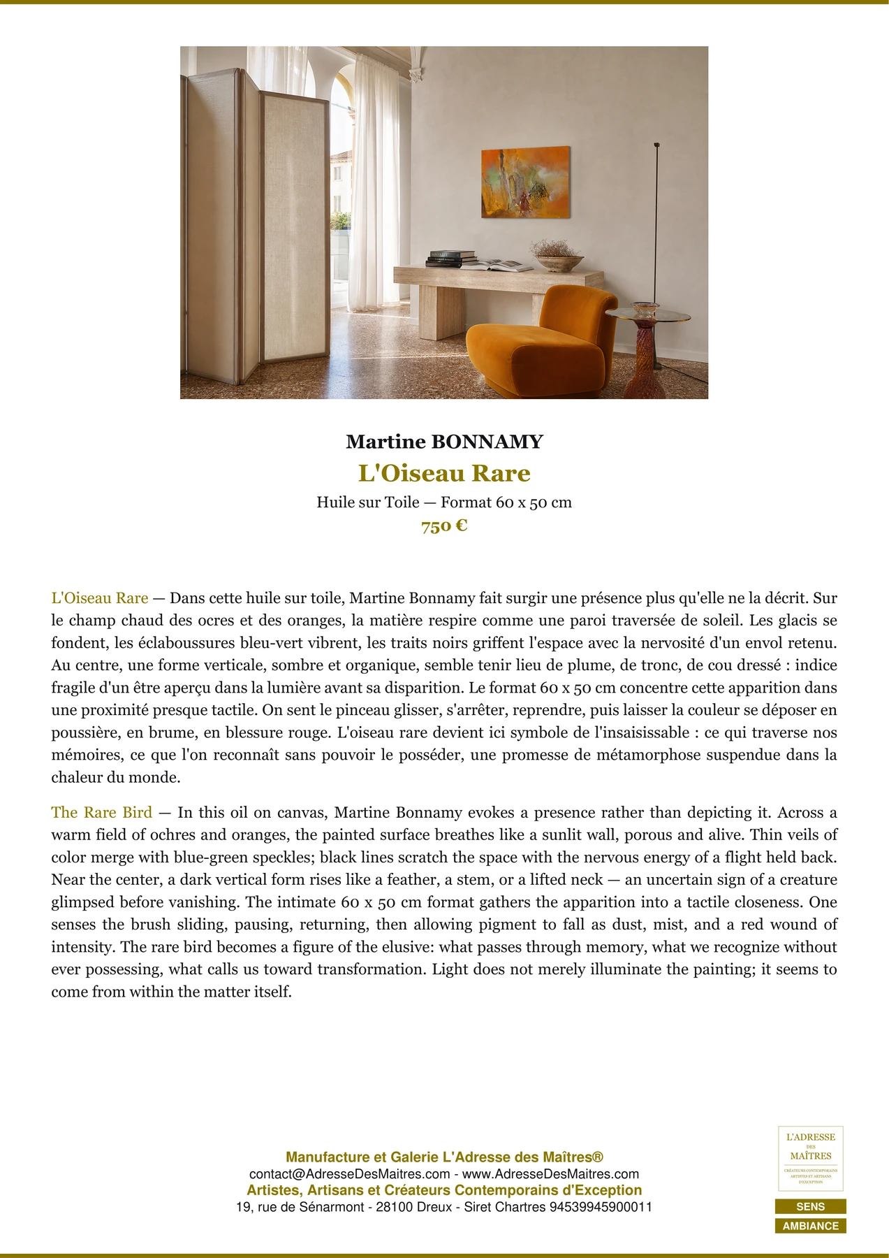 Fiche Premium Ambiance - L'Oiseau Rare - Martine BONNAMY - L'Adresse des Maîtres®
