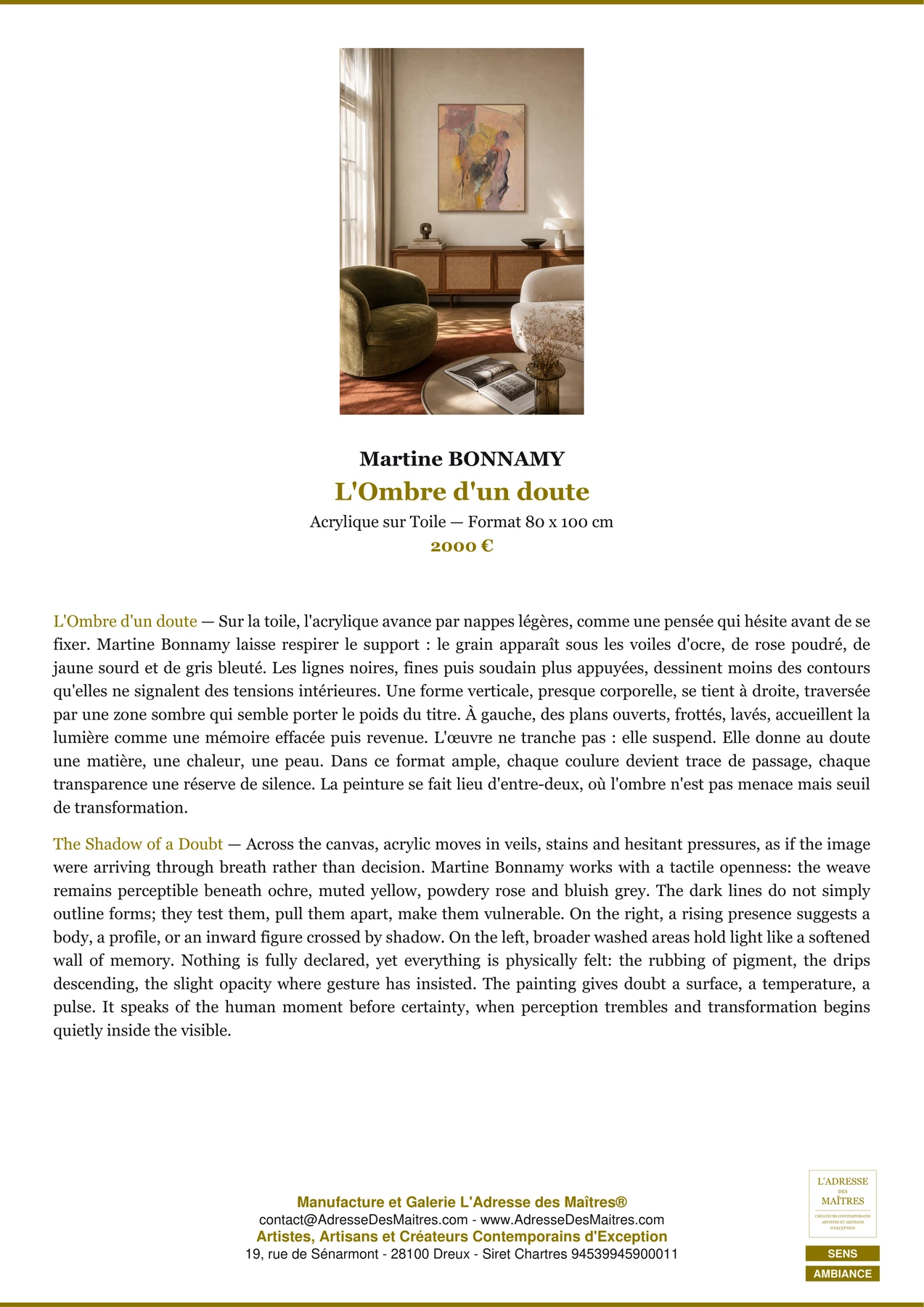 Fiche Premium Ambiance - L'Ombre d'un doute - Martine BONNAMY - L'Adresse des Maîtres®