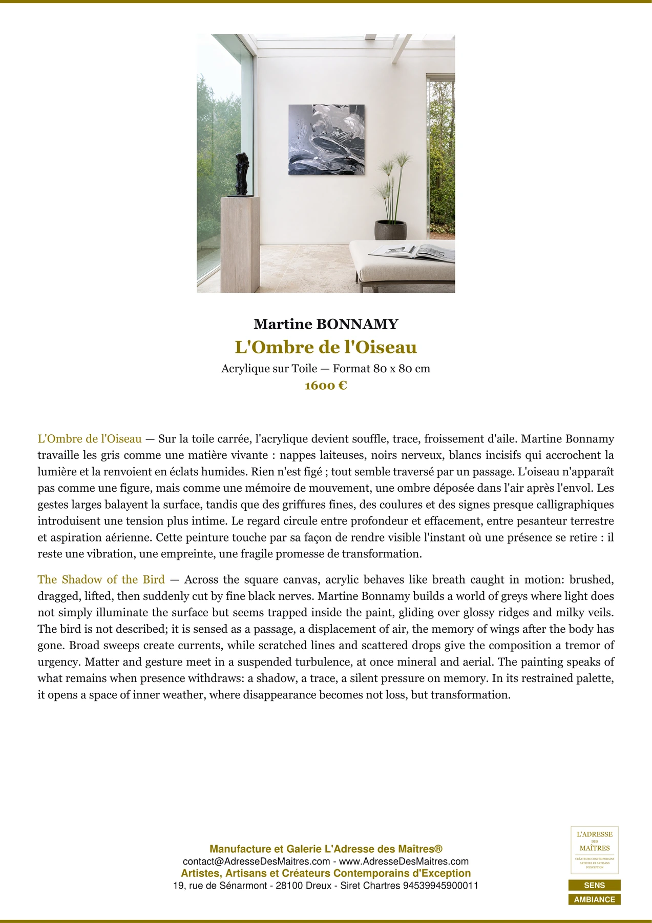 Fiche Premium Ambiance - L'Ombre de l'Oiseau - Martine BONNAMY - L'Adresse des Maîtres®