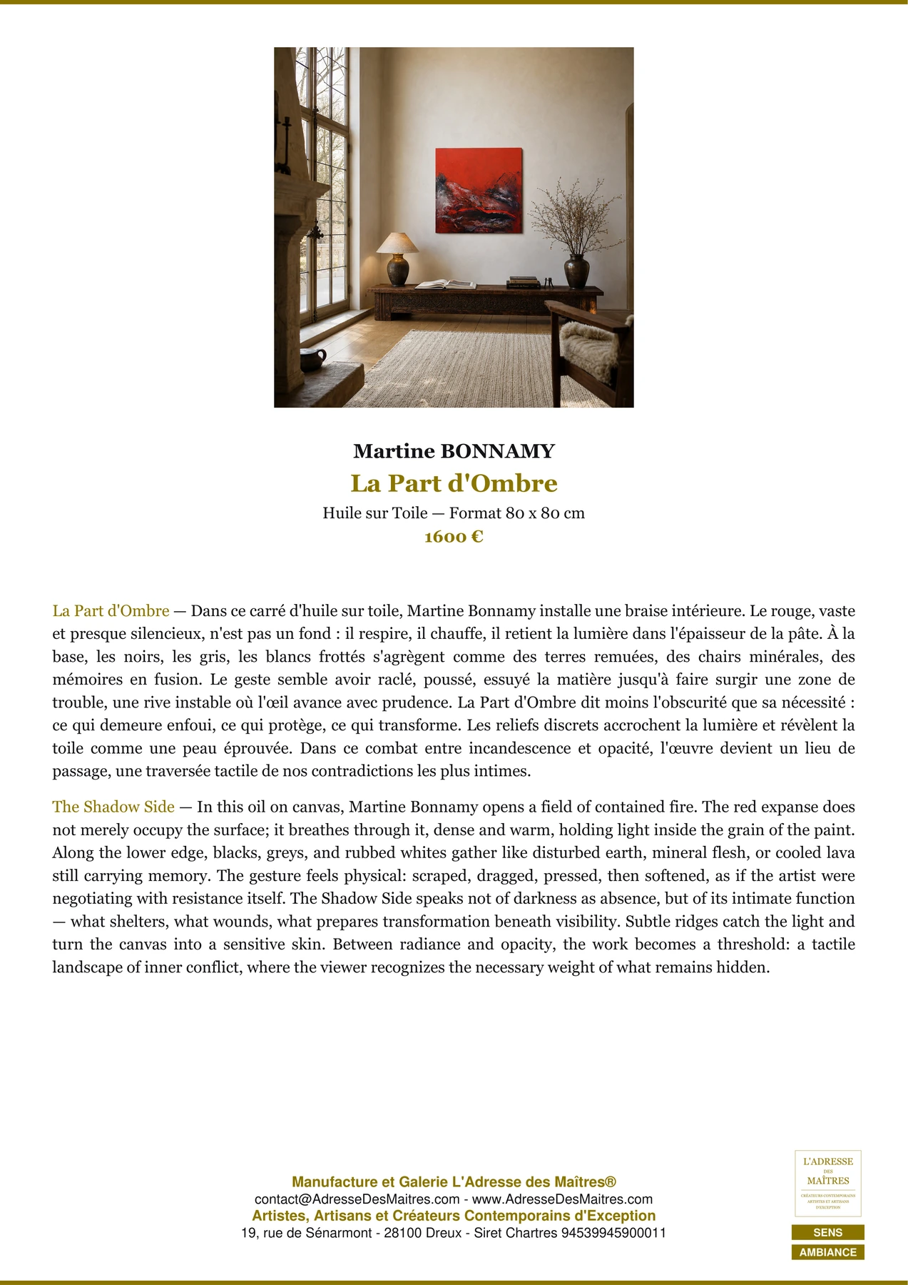 Fiche Premium Ambiance - La Part d'Ombre - Martine BONNAMY - L'Adresse des Maîtres®