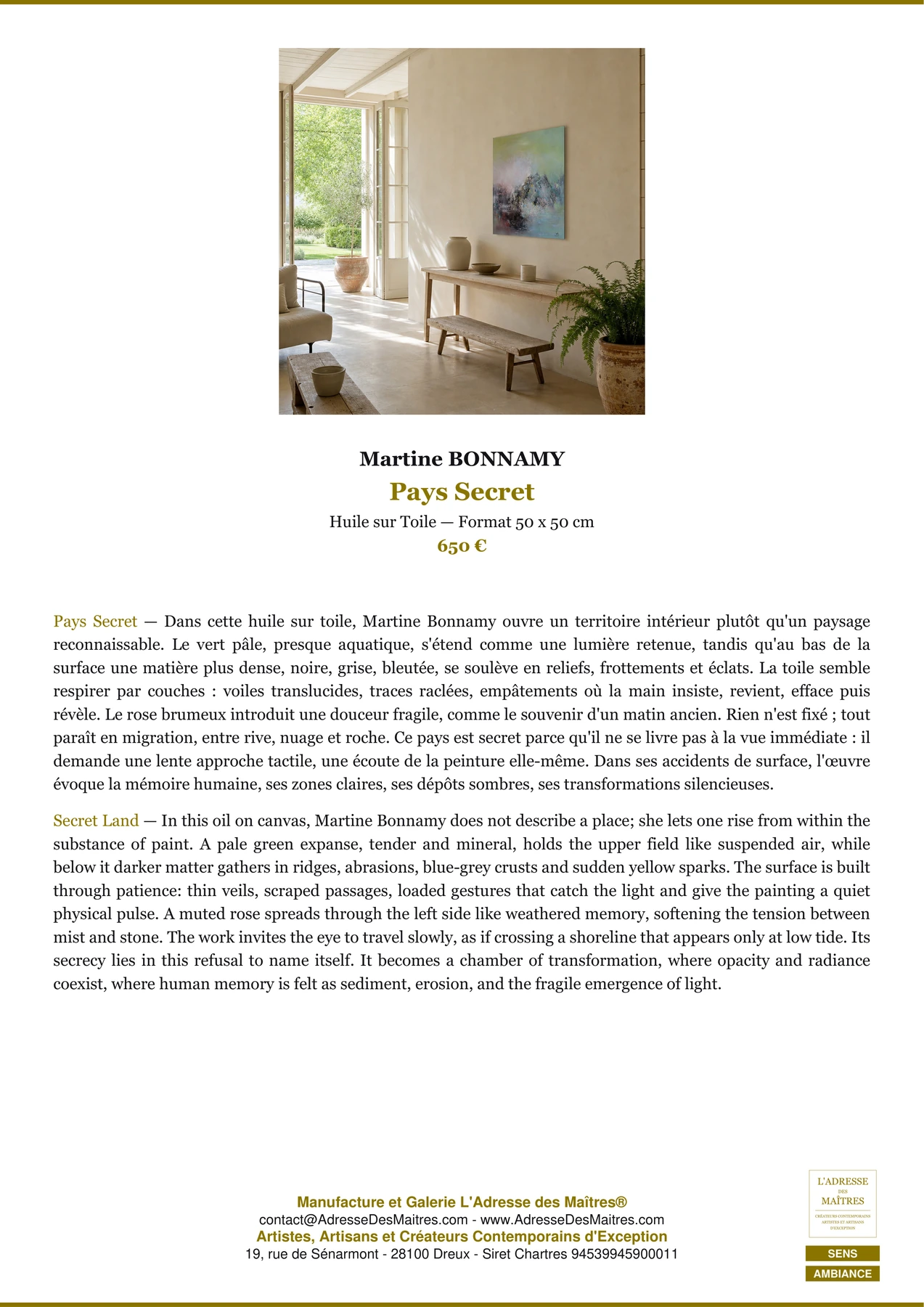 Fiche Premium Ambiance - Pays Secret - Martine BONNAMY - L'Adresse des Maîtres®