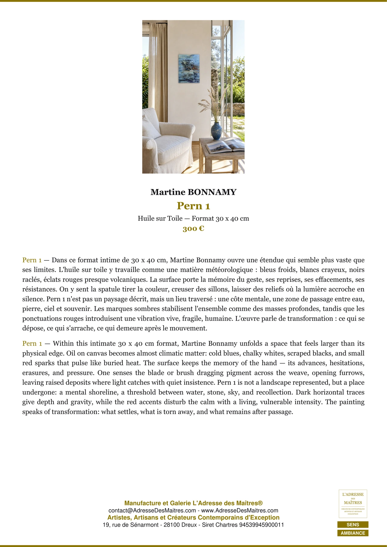 Fiche Premium Ambiance - Pern 1 - Martine BONNAMY - L'Adresse des Maîtres®