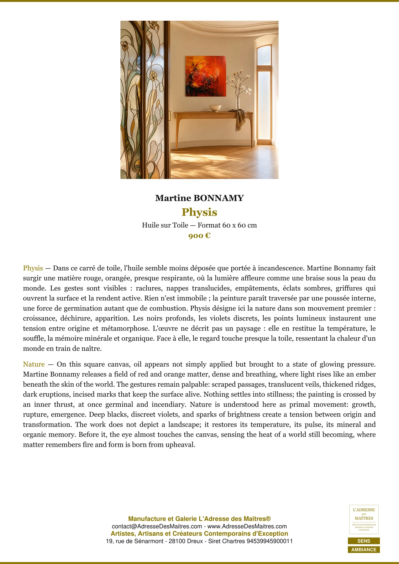 Fiche Premium Ambiance - Physis - Martine BONNAMY - L'Adresse des Maîtres®