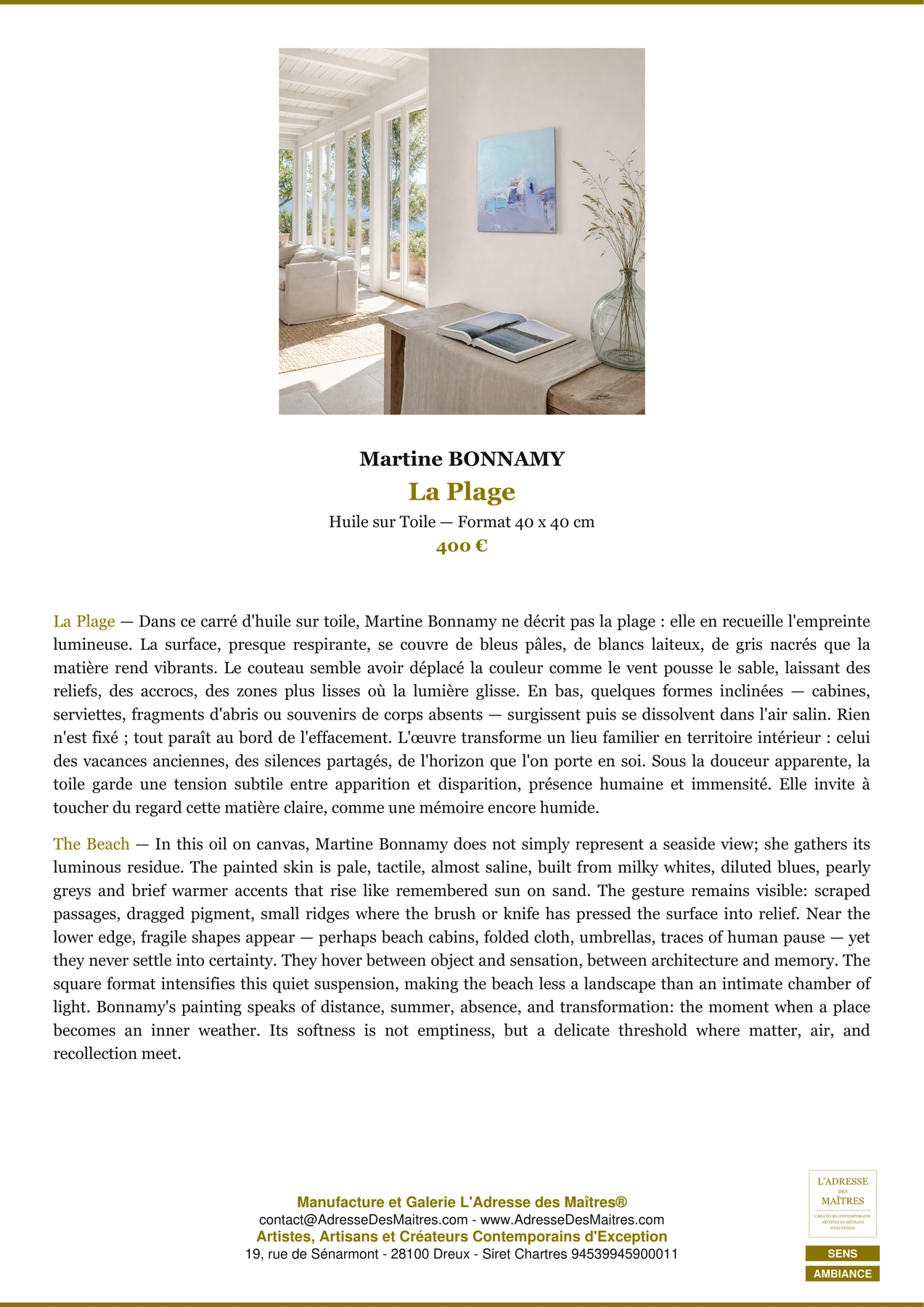 Fiche Premium Ambiance - La Plage - Martine BONNAMY - L'Adresse des Maîtres®