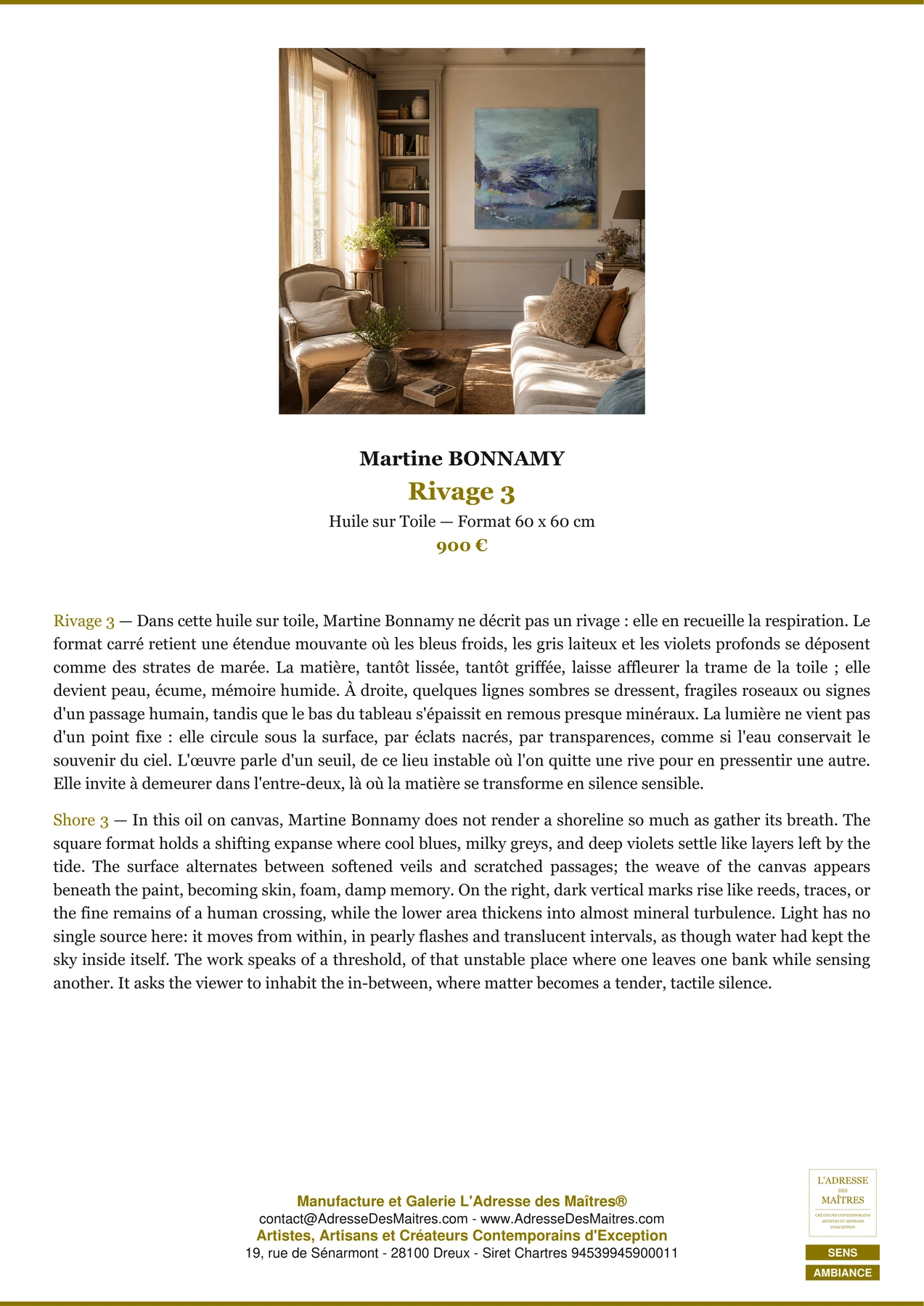 Fiche Premium Ambiance - Rivage 3 - Martine BONNAMY - L'Adresse des Maîtres®