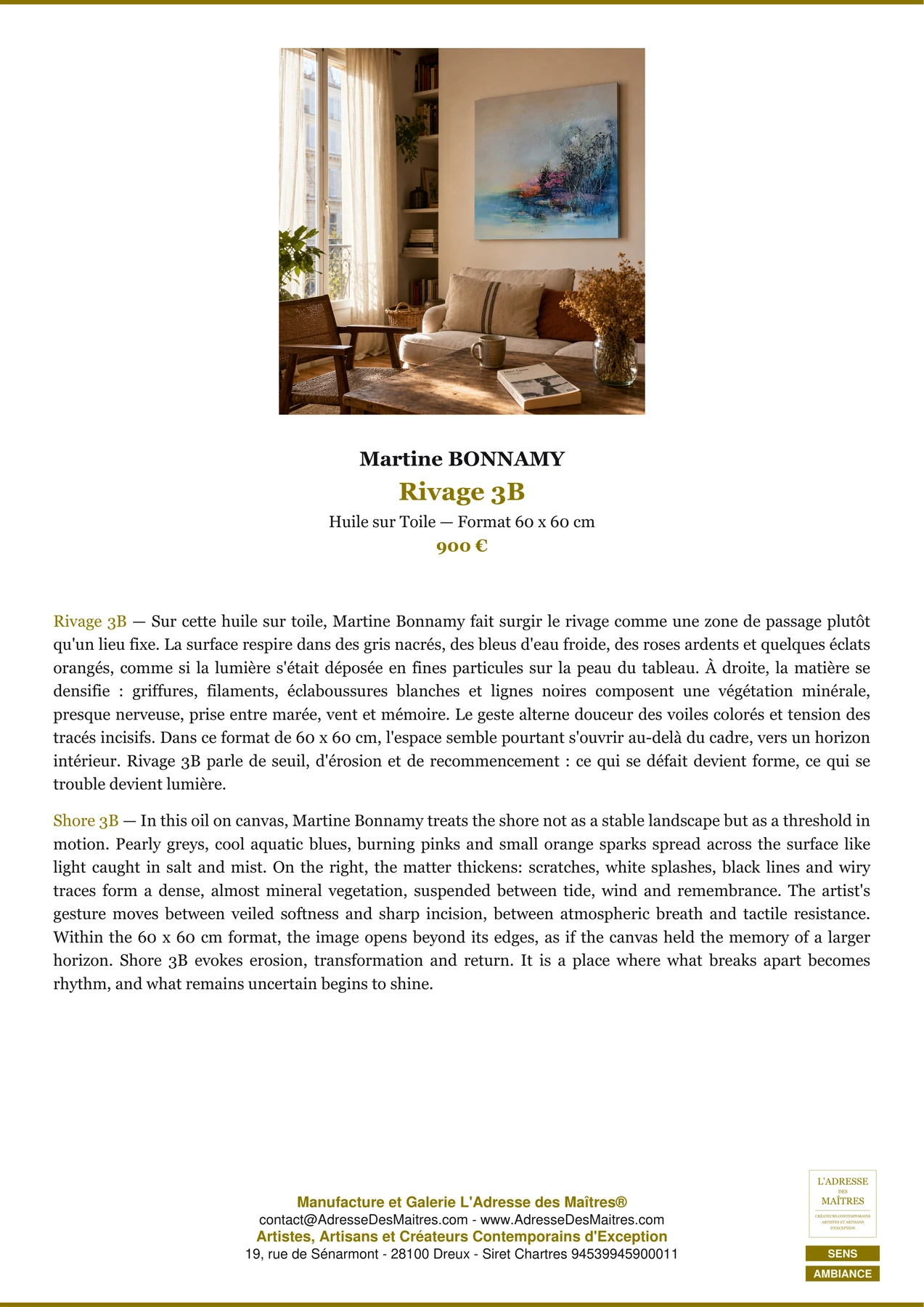 Fiche Premium Ambiance - Rivage 3B - Martine BONNAMY - L'Adresse des Maîtres®