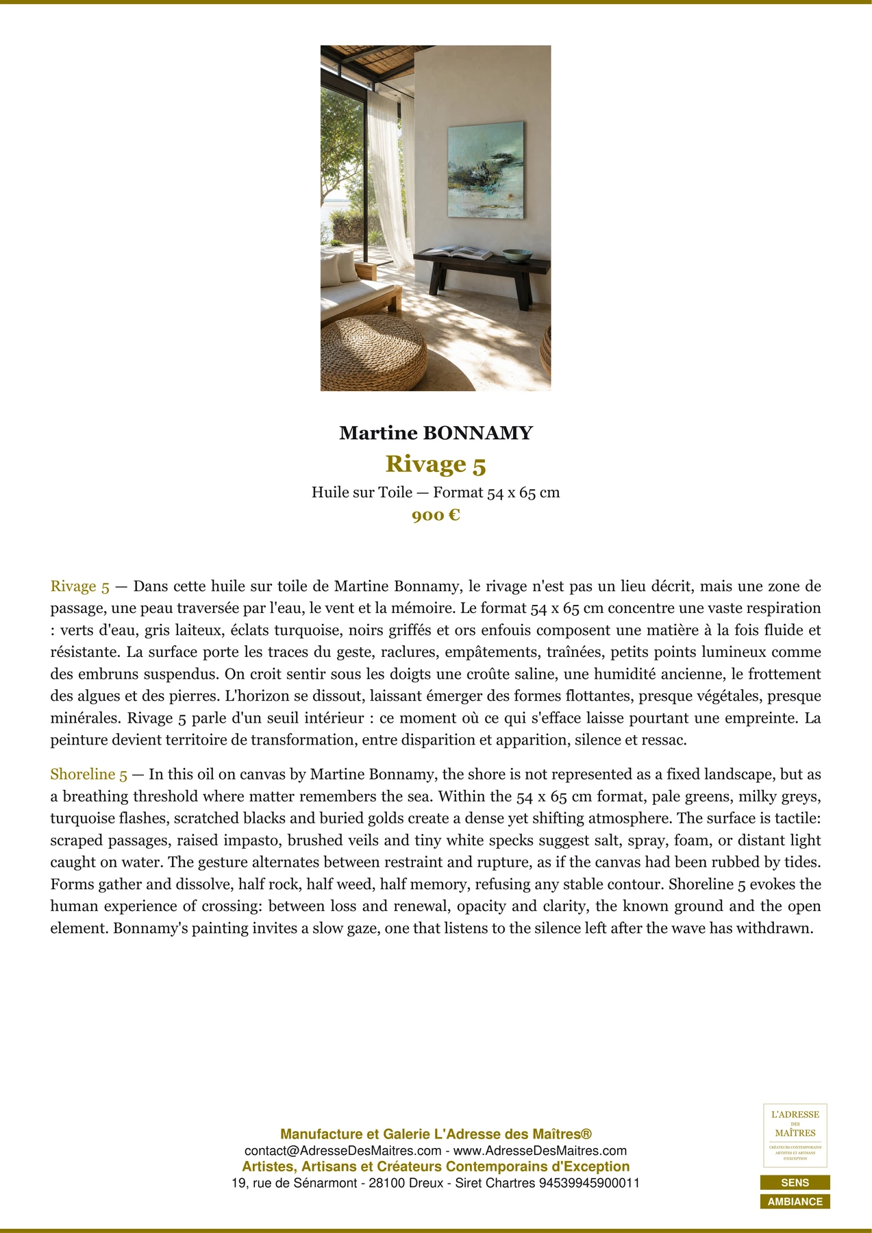 Fiche Premium Ambiance - Rivage 5 - Martine BONNAMY - L'Adresse des Maîtres®