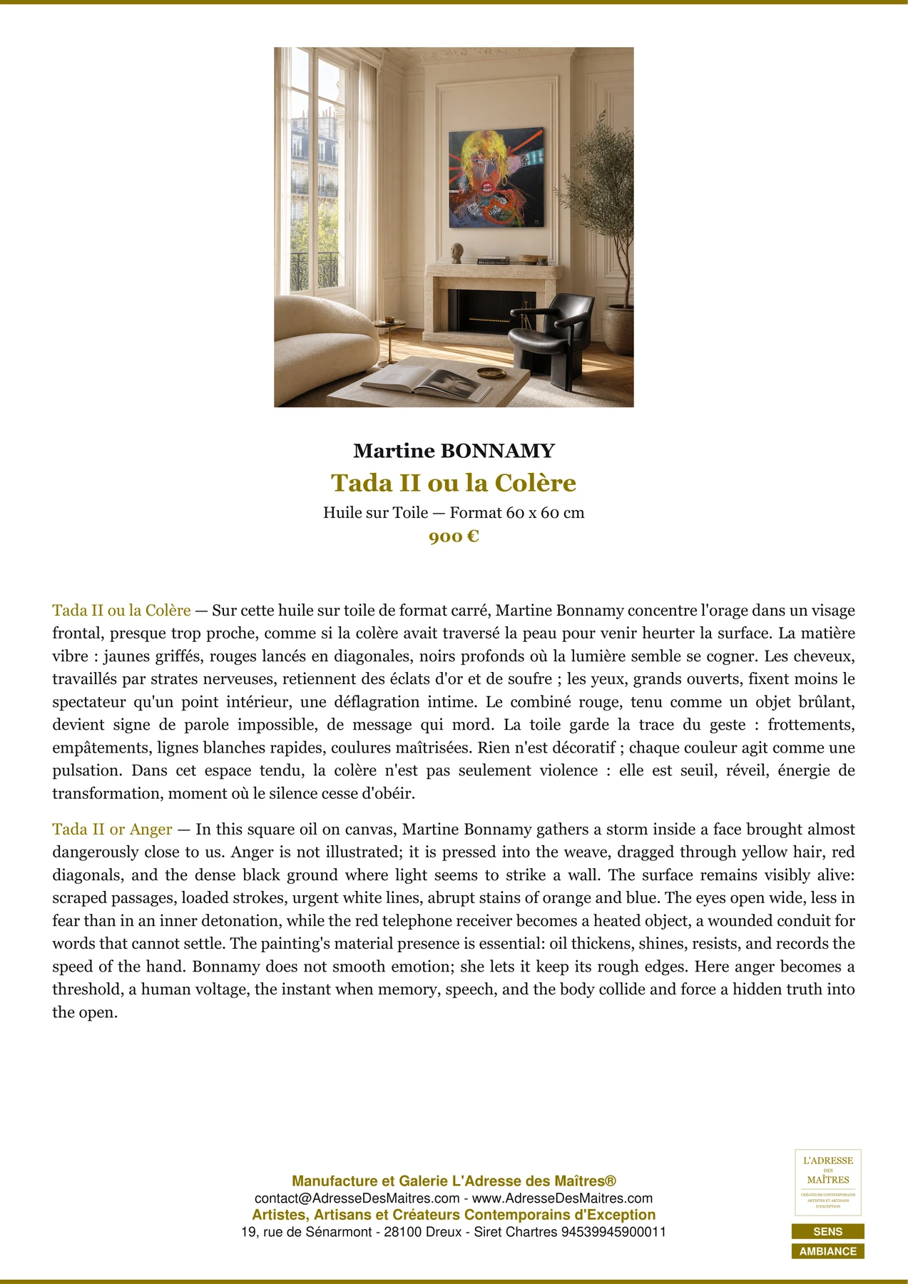 Fiche Premium Ambiance - Tada II ou la Colère - Martine BONNAMY - L'Adresse des Maîtres®