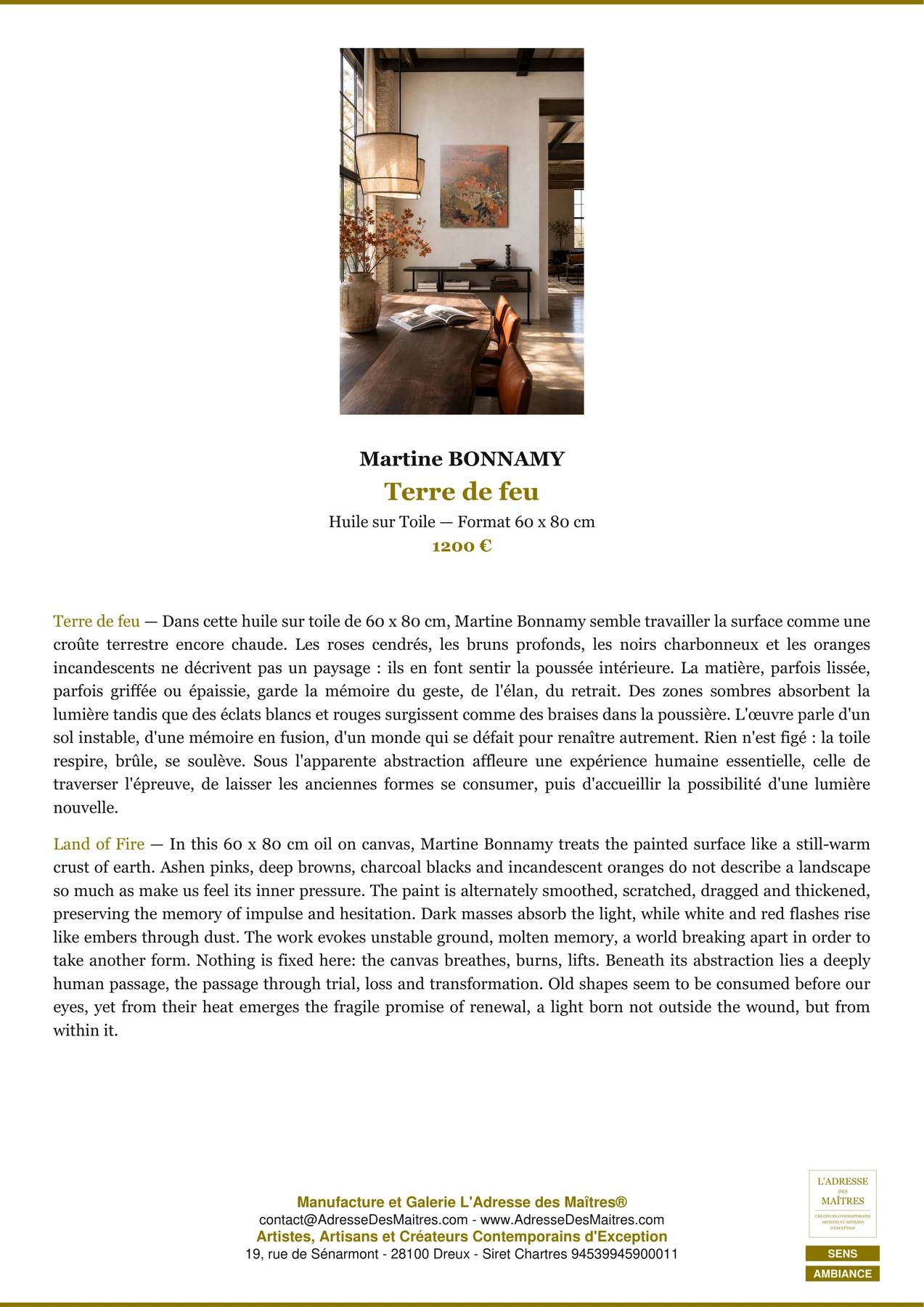 Fiche Premium Ambiance - Terre de feu - Martine BONNAMY - L'Adresse des Maîtres®