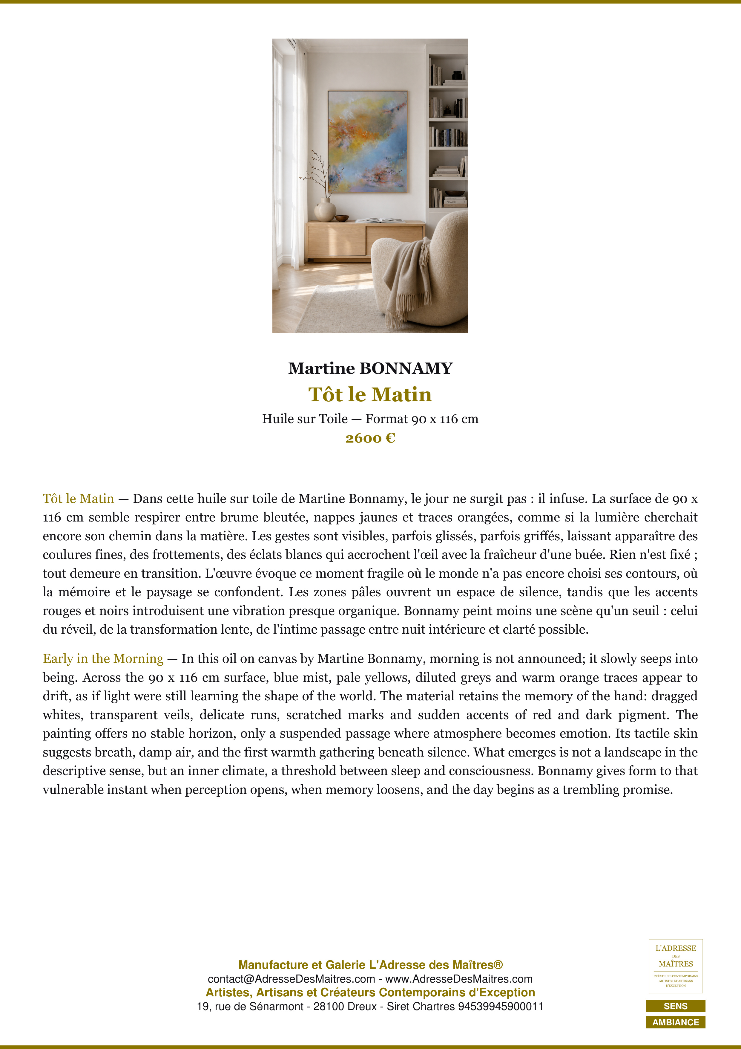 Fiche Premium Ambiance — Tôt le Matin — Martine BONNAMY — L'Adresse des Maîtres®