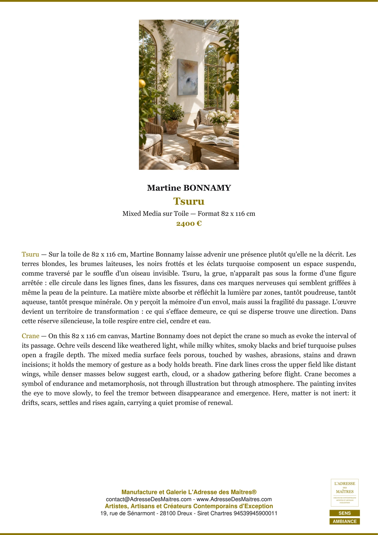 Fiche Premium Ambiance - Tsuru - Martine BONNAMY - L'Adresse des Maîtres®