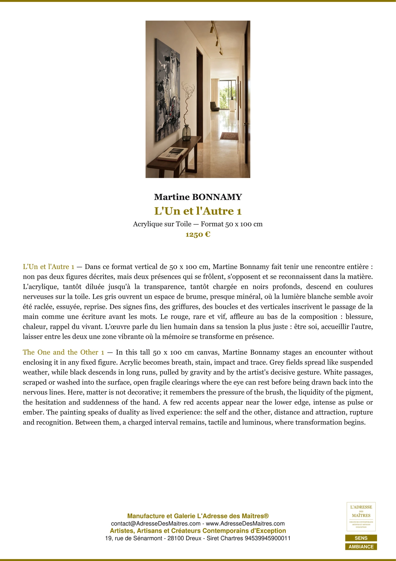 Fiche Premium Ambiance - L'Un et l'Autre 1 - Martine BONNAMY - L'Adresse des Maîtres®