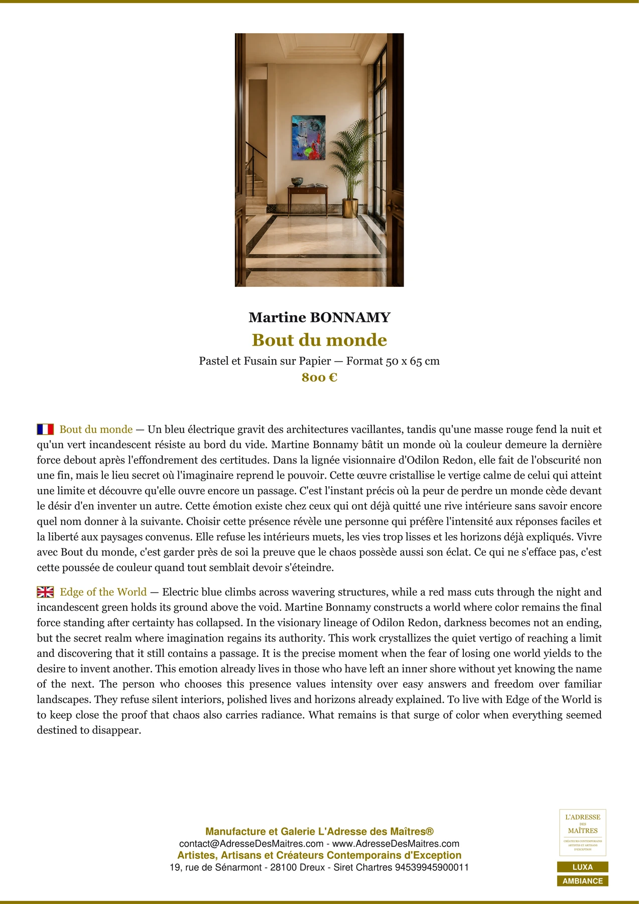 Fiche Premium Ambiance - Bout du monde - Martine BONNAMY - L'Adresse des Maîtres®