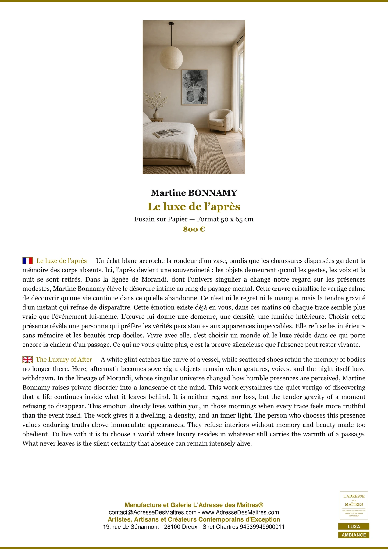 Fiche Premium Ambiance - Le luxe de l’après - Martine BONNAMY - L'Adresse des Maîtres®