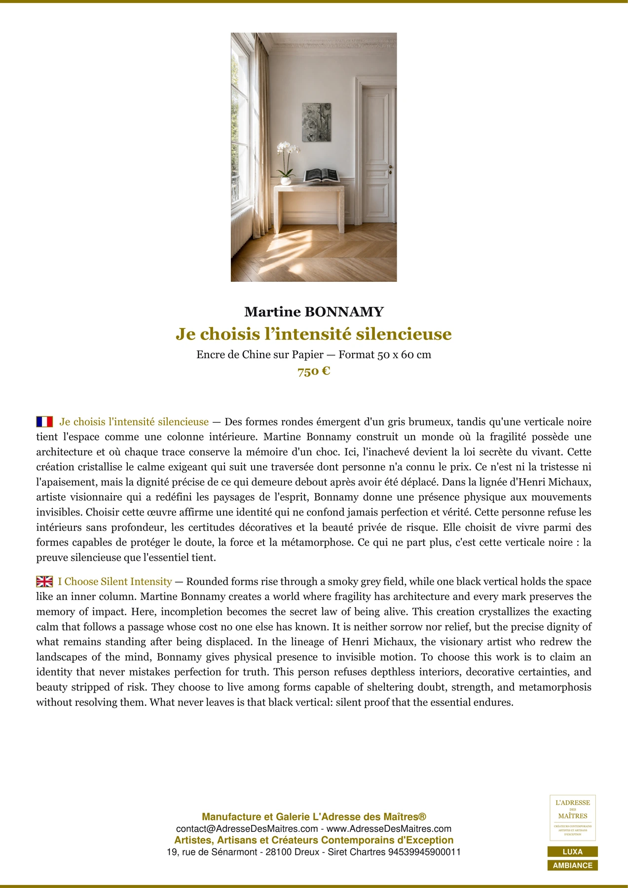 Fiche Premium Ambiance - Je choisis l’intensité silencieuse - Martine BONNAMY - L'Adresse des Maîtres®