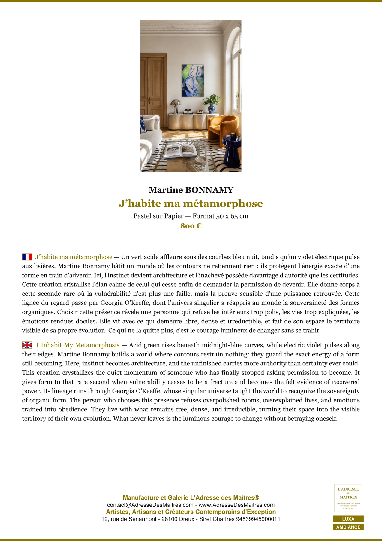Fiche Premium Ambiance - J’habite ma métamorphose - Martine BONNAMY - L'Adresse des Maîtres®