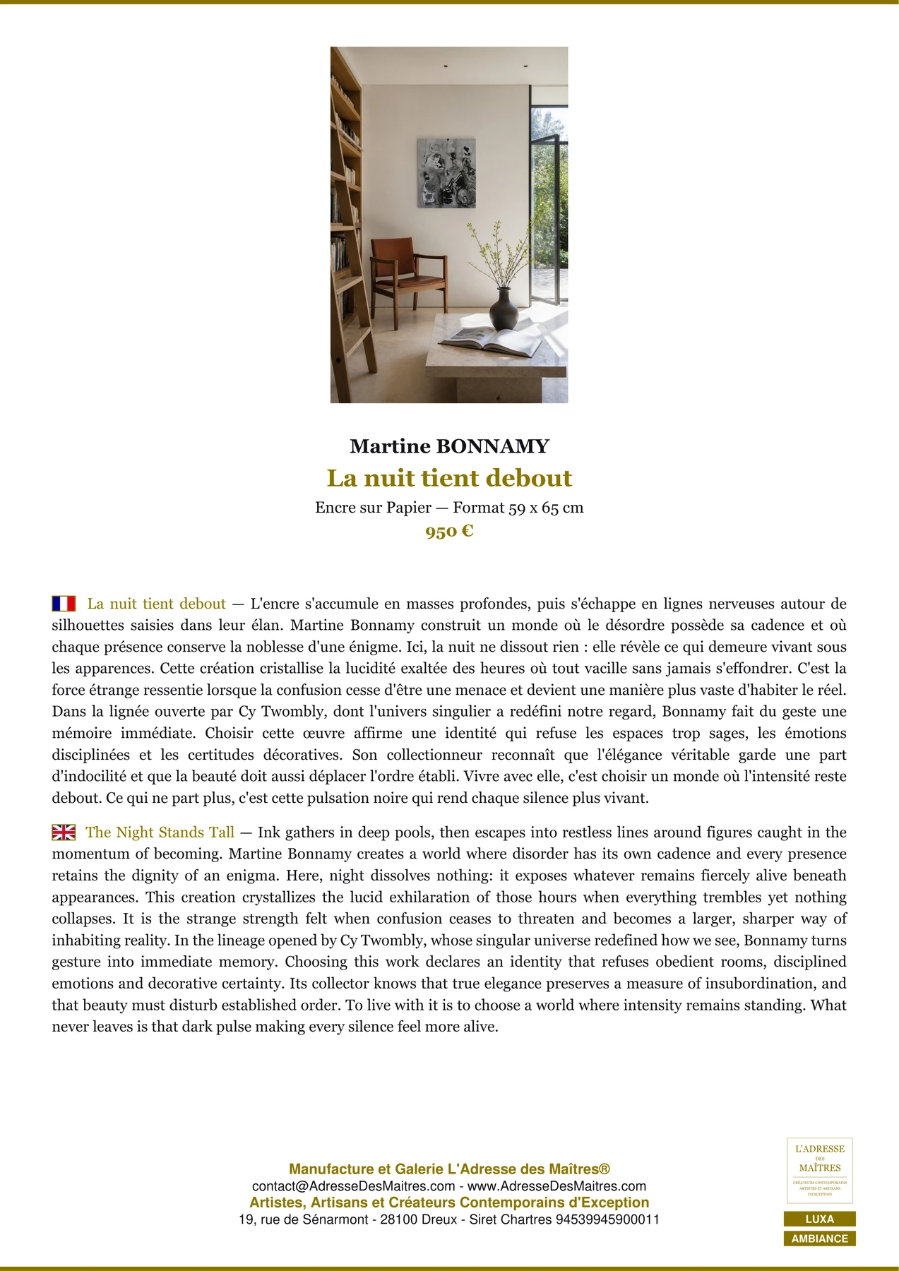 Fiche Premium Ambiance - La nuit tient debout - Martine BONNAMY - L'Adresse des Maîtres®