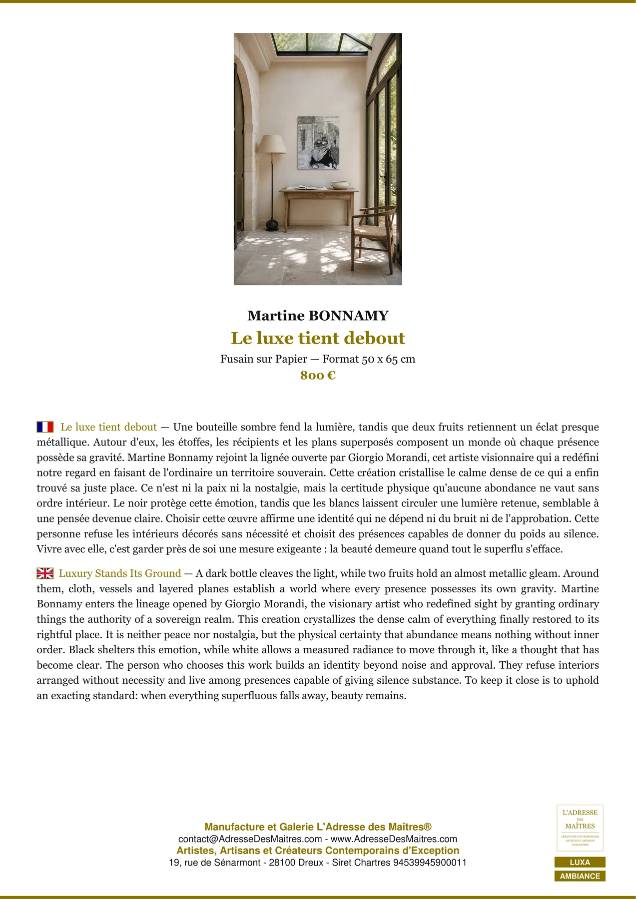 Fiche Premium Ambiance - Le luxe tient debout - Martine BONNAMY - L'Adresse des Maîtres®