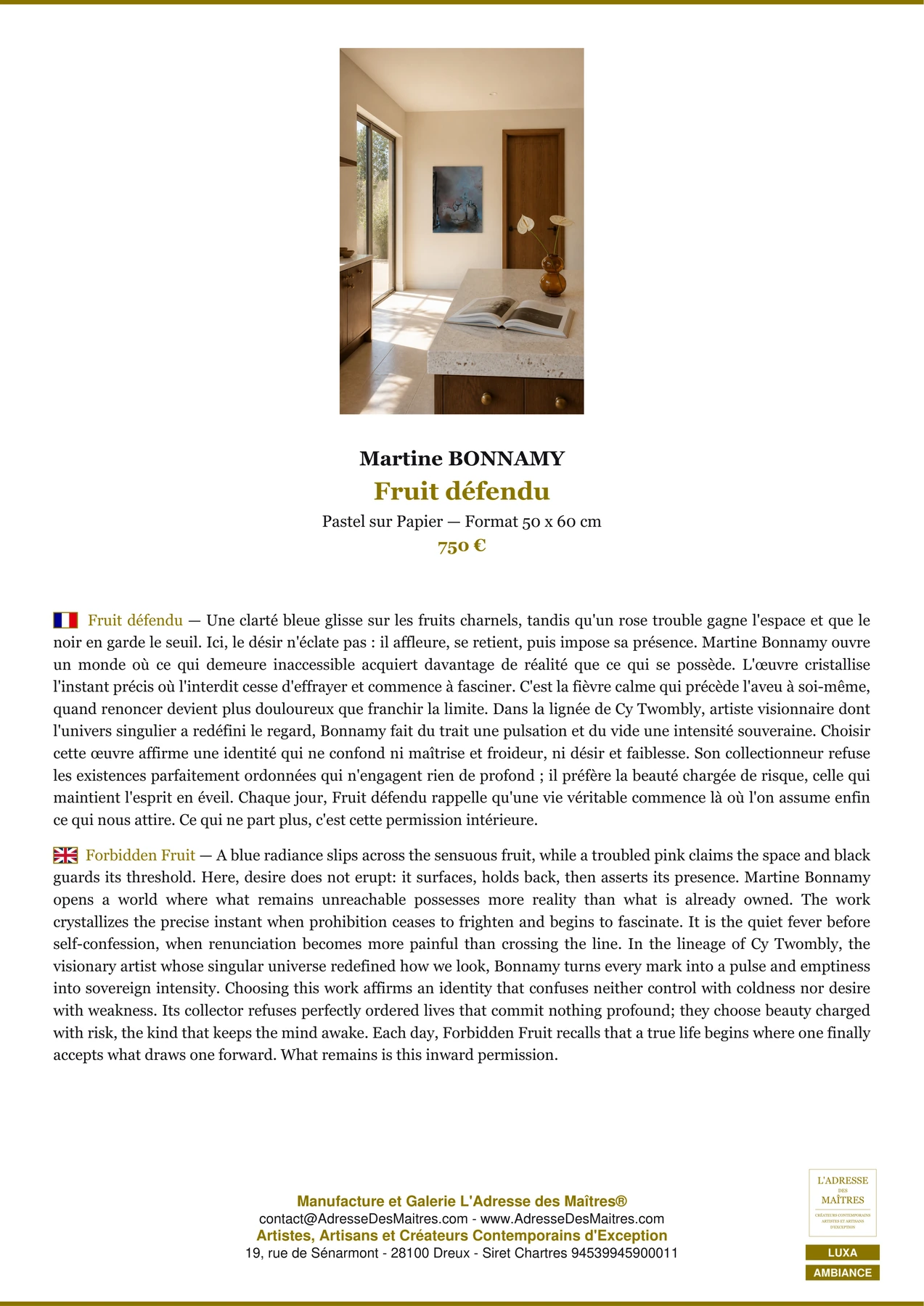 Fiche Premium Ambiance - Fruit défendu - Martine BONNAMY - L'Adresse des Maîtres®