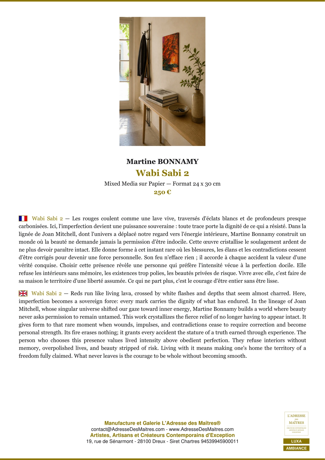 Fiche Premium Ambiance - Wabi Sabi 2 - Martine BONNAMY - L'Adresse des Maîtres®