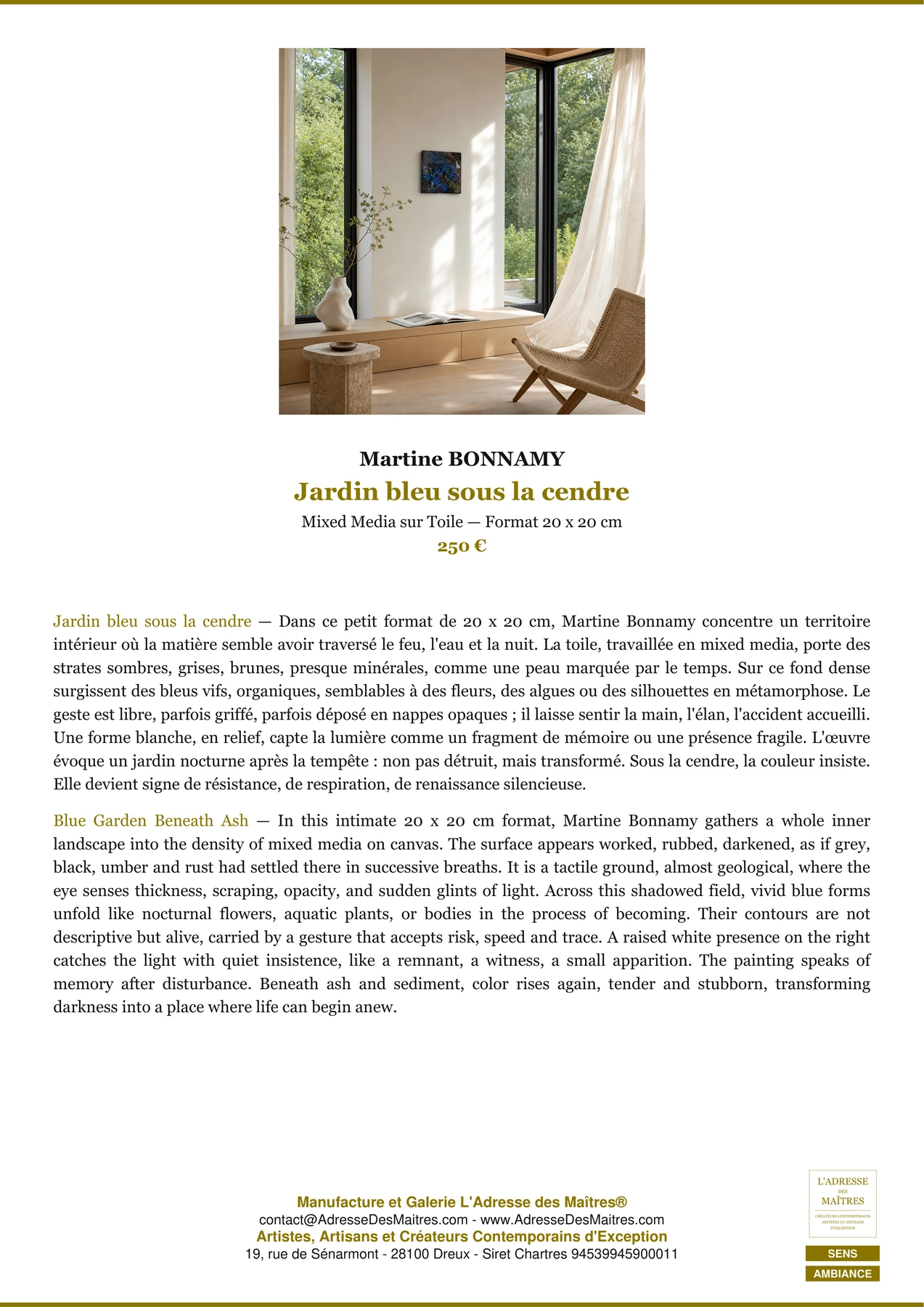 Fiche Premium Ambiance - Jardin bleu sous la cendre - Martine BONNAMY - L'Adresse des Maîtres®