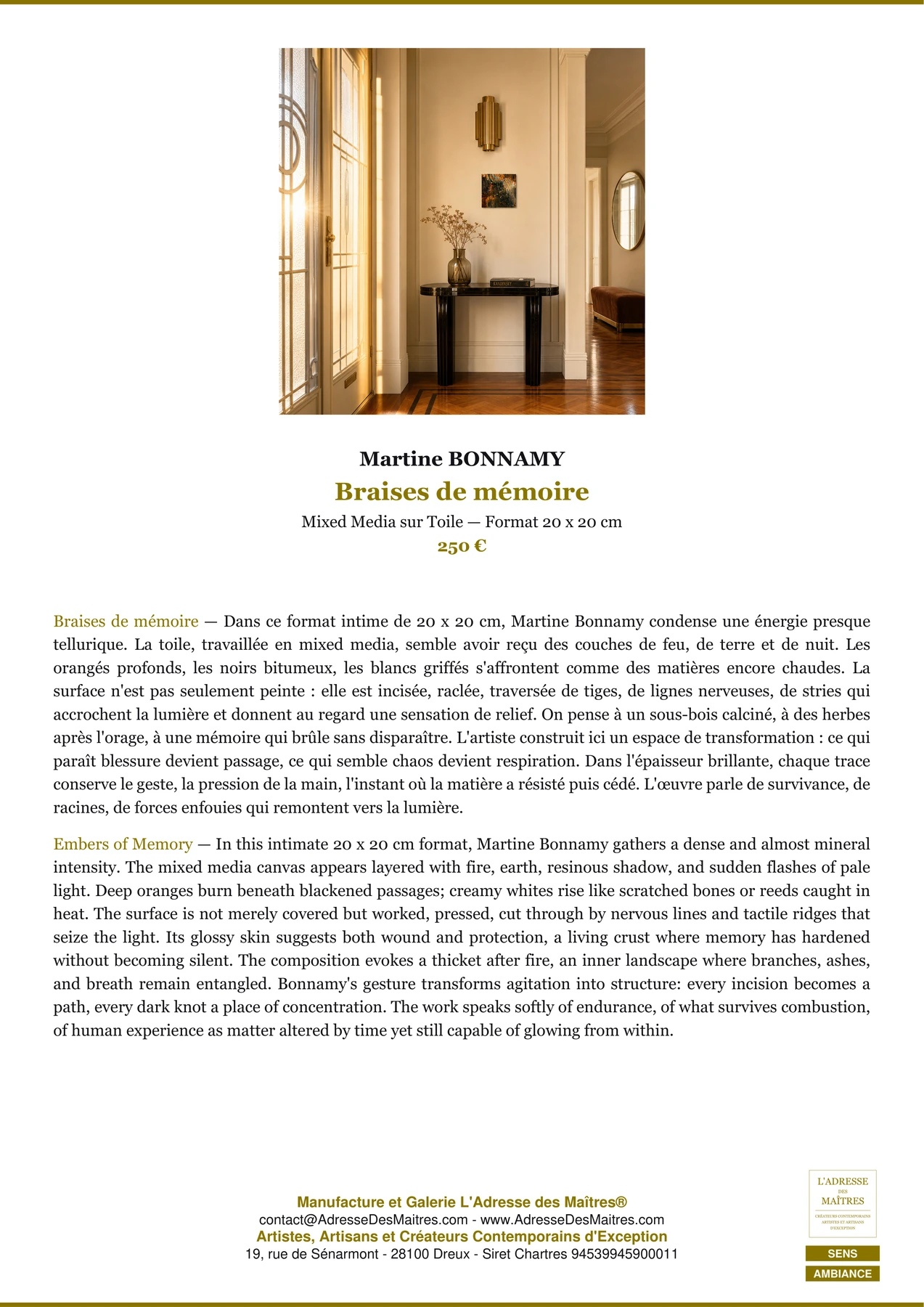 Fiche Premium Ambiance - Braises de mémoire - Martine BONNAMY - L'Adresse des Maîtres®