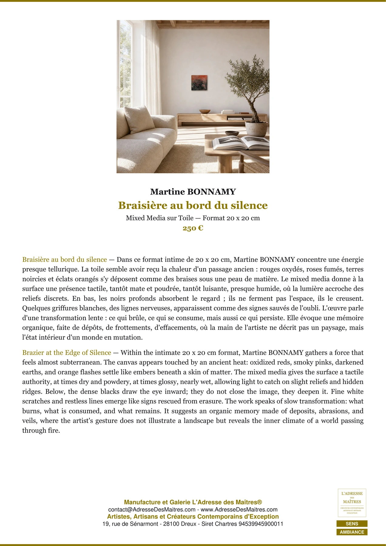 Fiche Premium Ambiance - Braisière au bord du silence - Martine BONNAMY - L'Adresse des Maîtres®