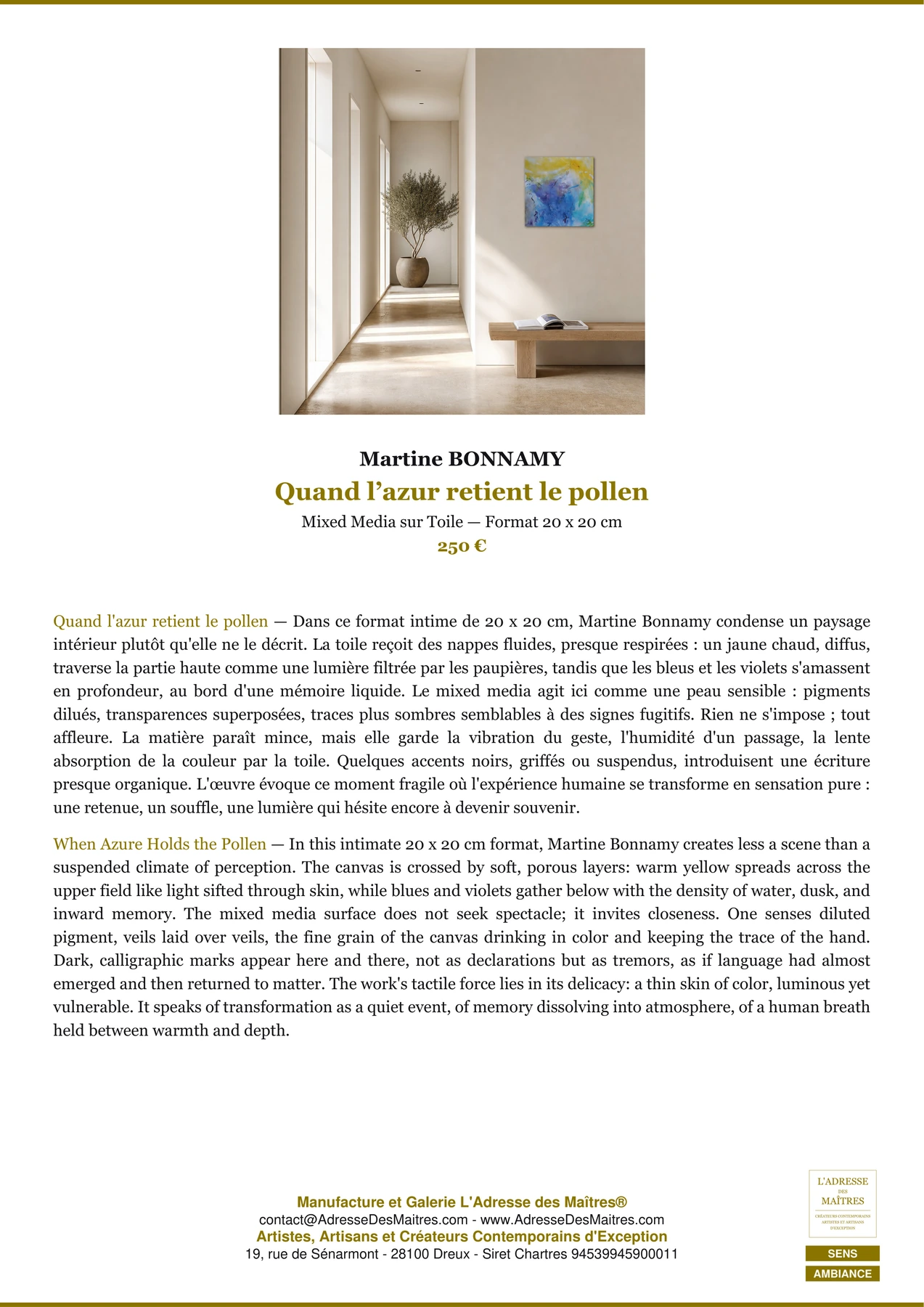 Fiche Premium Ambiance - Quand l’azur retient le pollen - Martine BONNAMY - L'Adresse des Maîtres®