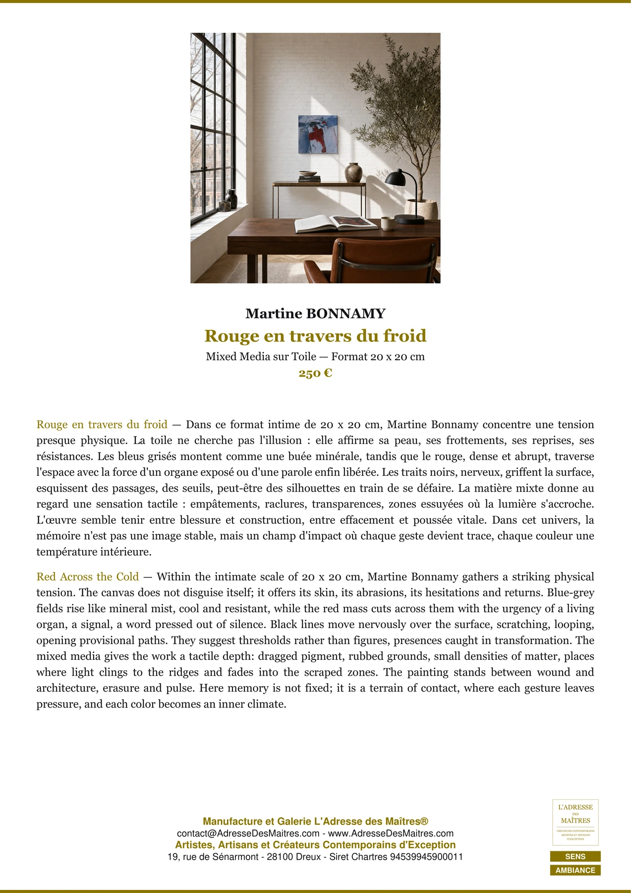 Fiche Premium Ambiance - Rouge en travers du froid - Martine BONNAMY - L'Adresse des Maîtres®