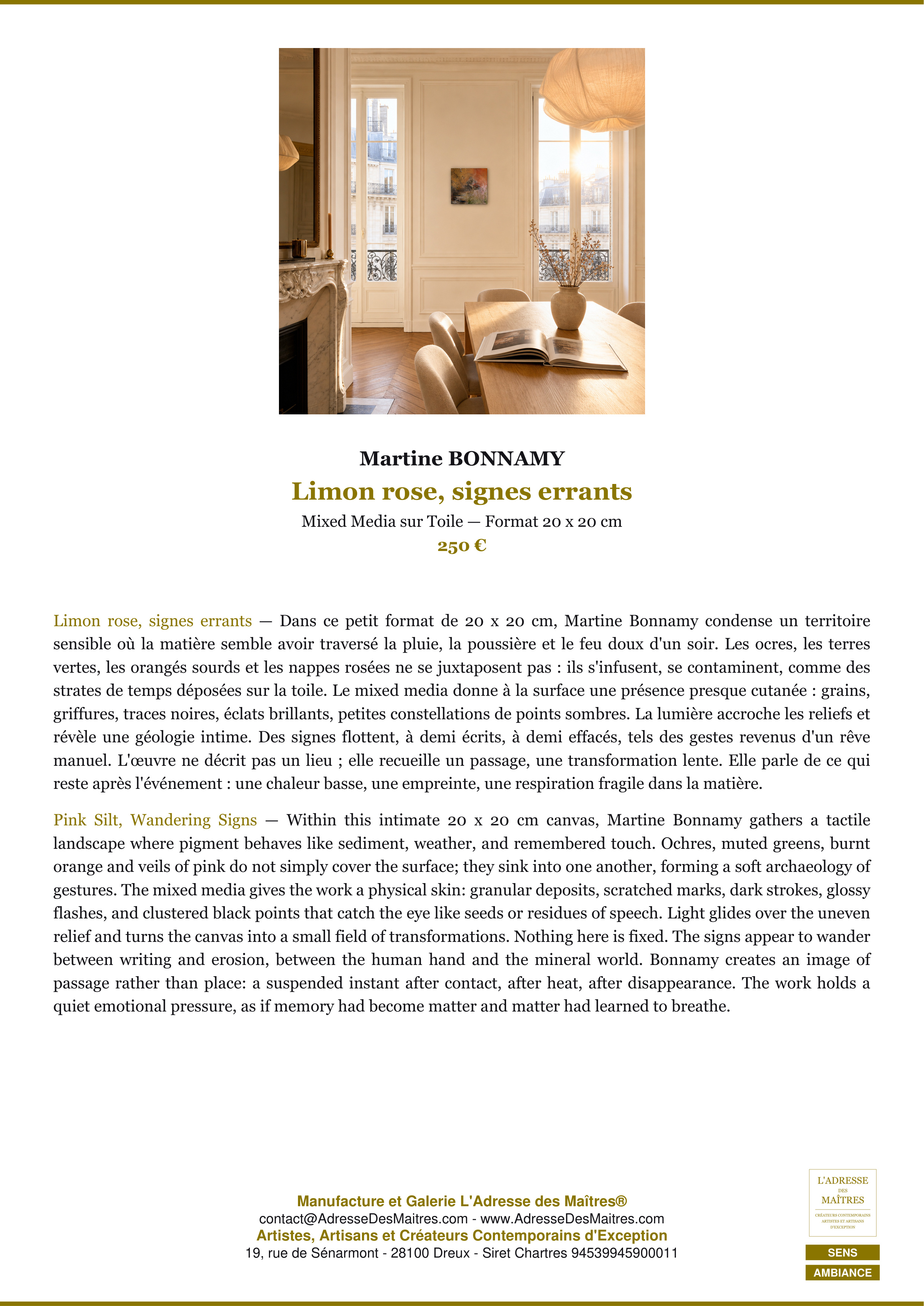 Fiche Premium Ambiance — Limon rose, signes errants — Martine BONNAMY — L'Adresse des Maîtres®