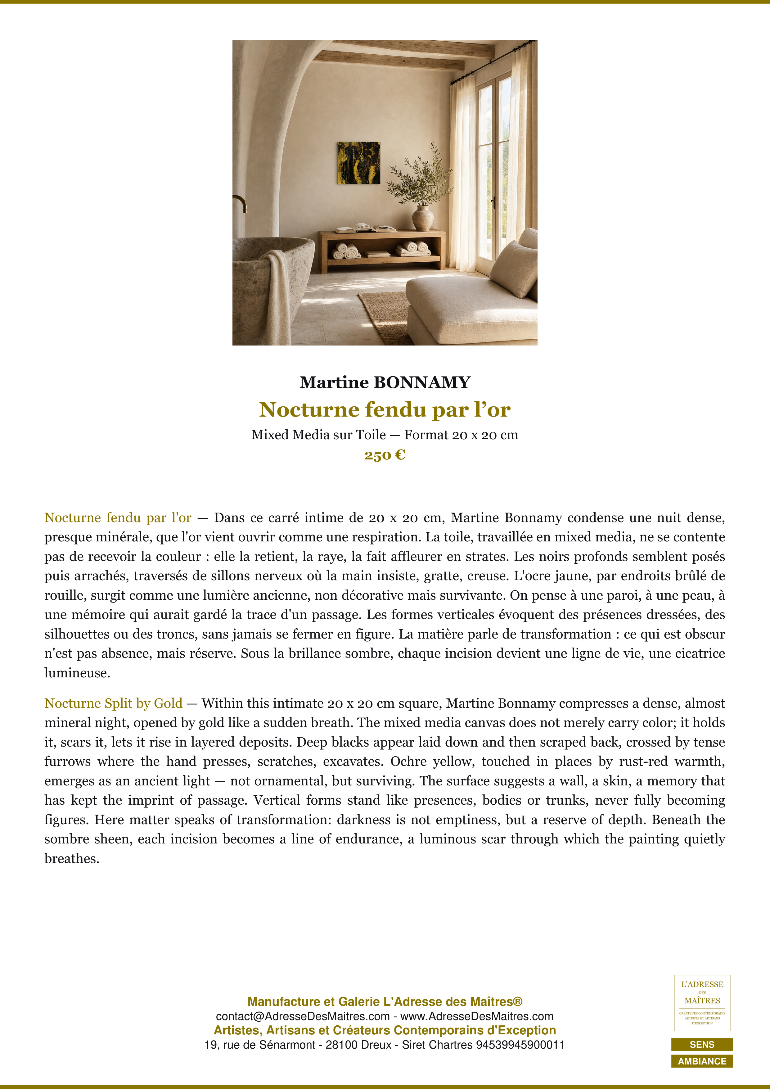 Fiche Premium Ambiance — Nocturne fendu par l’or — Martine BONNAMY — L'Adresse des Maîtres®